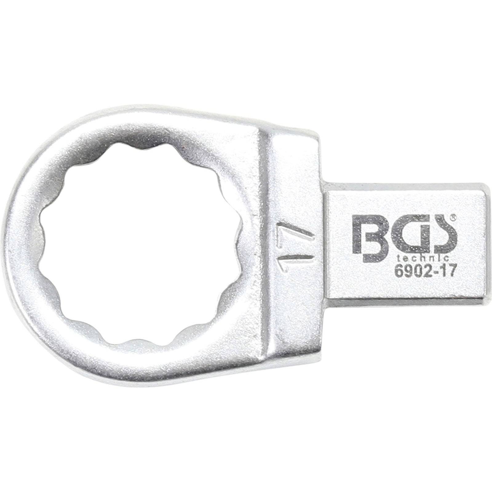 Ein silberner, kreisförmiger Ratschenkopf mit einer 17-mm-Markierung, beschriftet mit 'BGS technic 6902-17', der zum Anziehen von Schrauben und Muttern verwendet wird.