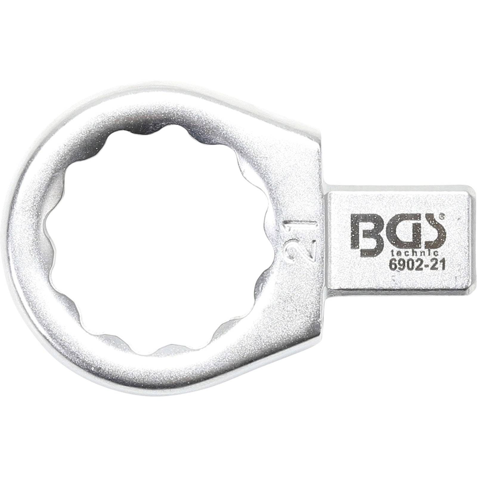 Ein silberner, kreisförmiger Ringschlüssel mit der Gravur 'BGS technic 6902-21' an seiner Seite, der zum Anziehen oder Lösen von Schrauben entwickelt wurde.