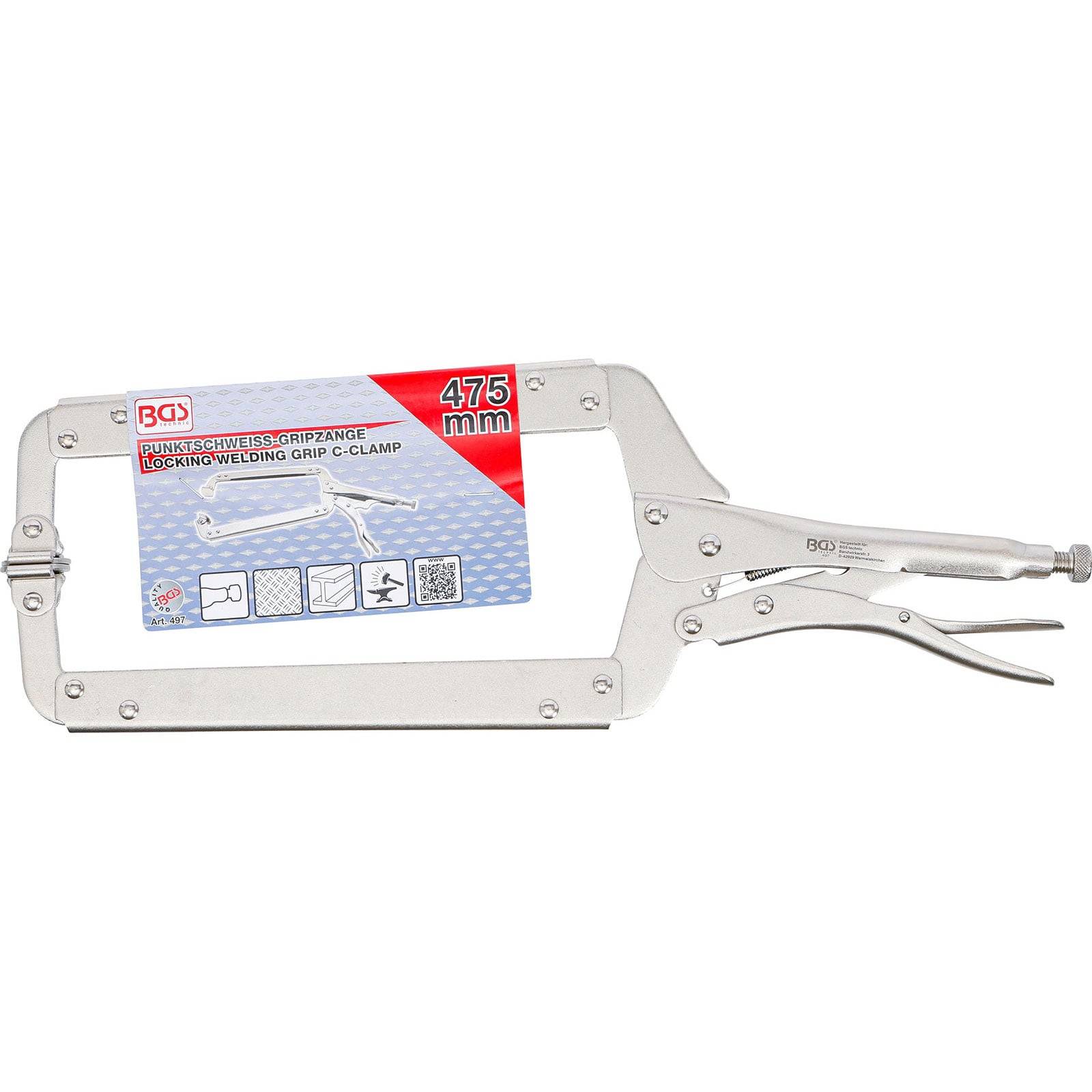 Ein 475-mm-Schweißgriff-Schraubzwinge mit verstellbarem Schraubgriff und Griffverriegelung. Die Verpackung zeigt Produktnutzungsabbildungen und Markenlogo.