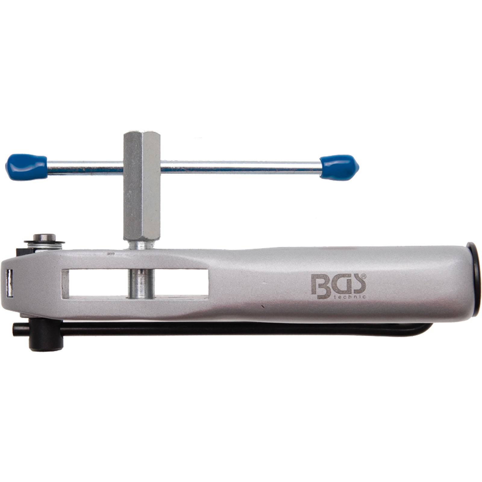 Ein silberner BGS-markierter Werkzeug zum Herausziehen von Gegenständen, ausgestattet mit einem Zweihebel-Design mit einer zentralen Gewindestange und blauen Endkappen.