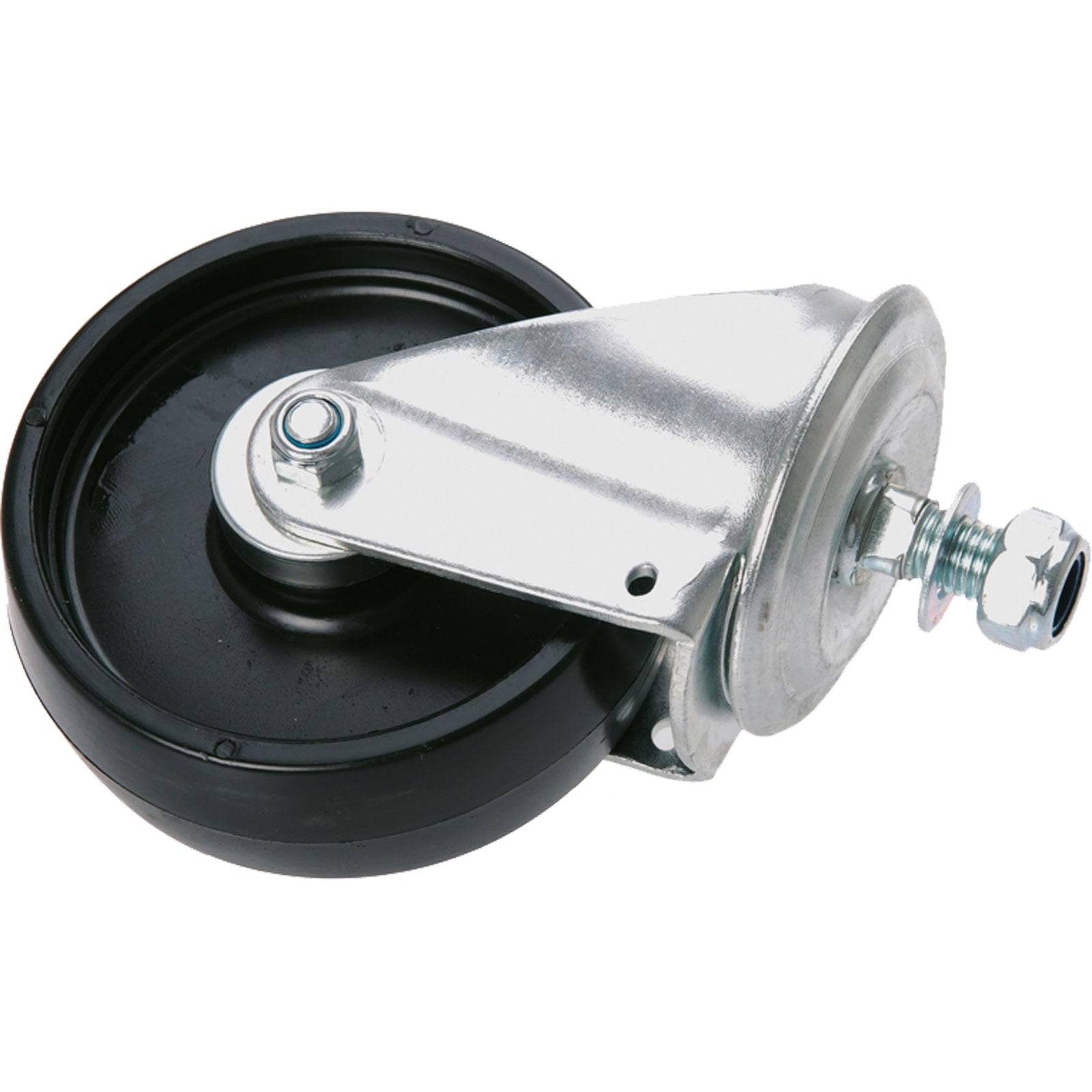 Ein Metallgussrad mit einem schwarzen, runden Rad, das auf einem schwenkbaren Halterungsträger montiert ist und für einfache Bewegung auf verschiedenen Oberflächen verwendet wird.