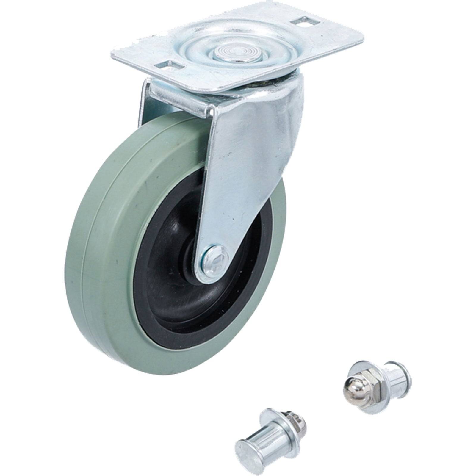 Eine Metallschwenkkaster mit einem grünen Rad, zusammen mit zwei separaten Metallfassungen, die wahrscheinlich zur Befestigung gedacht sind.