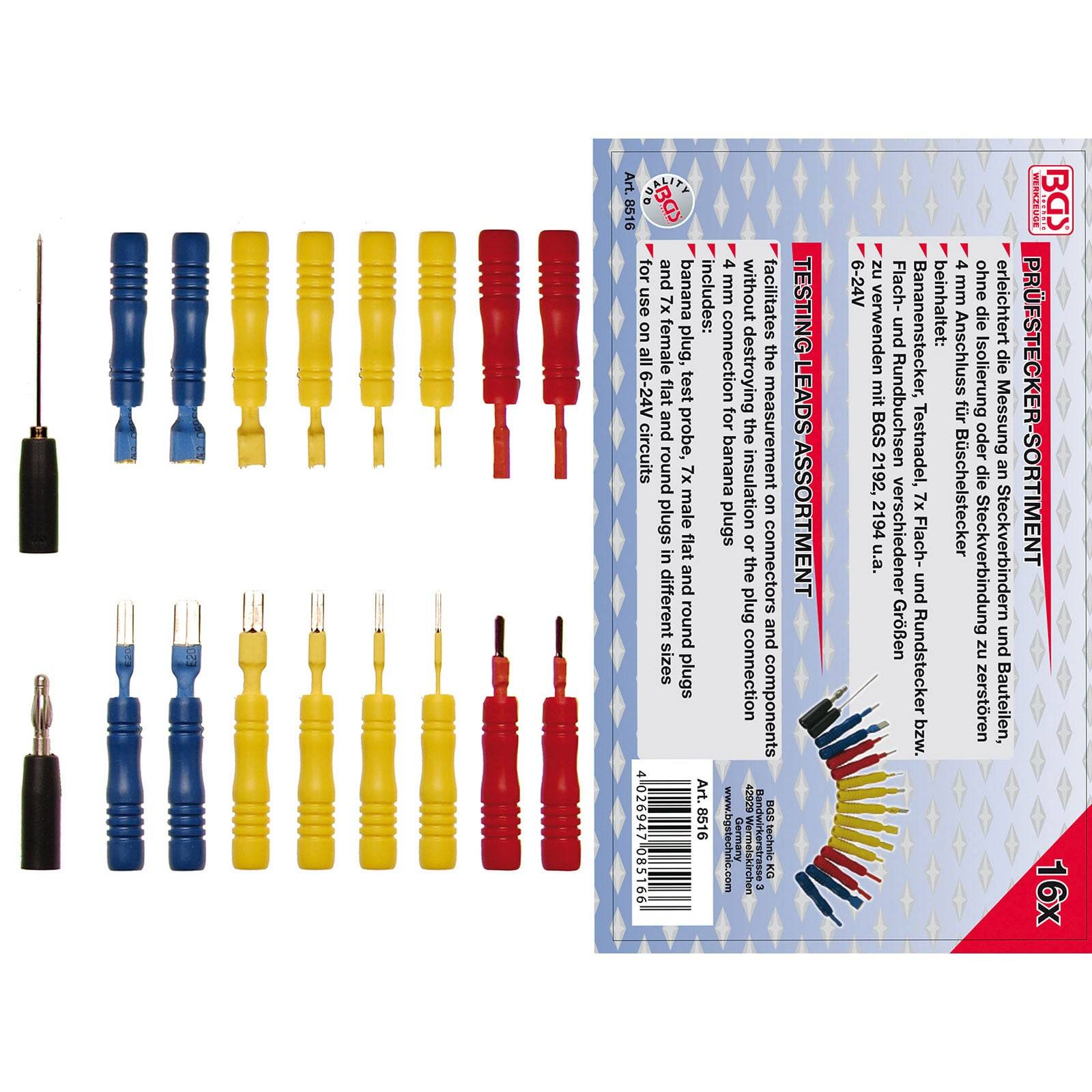 Verpackung für 'Test Pin Set' mit 16 bunten Anstecknadeln in Rot, Gelb und Blau, zusammen mit Produktbeschreibung und Spezifikationen in mehreren Sprachen.