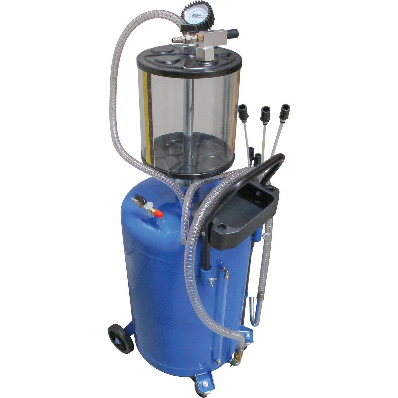 Ein blauer industrieller Ölabscheider mit einem transparenten Behälter, Manometer auf der Oberseite und mehreren Schläuchen.