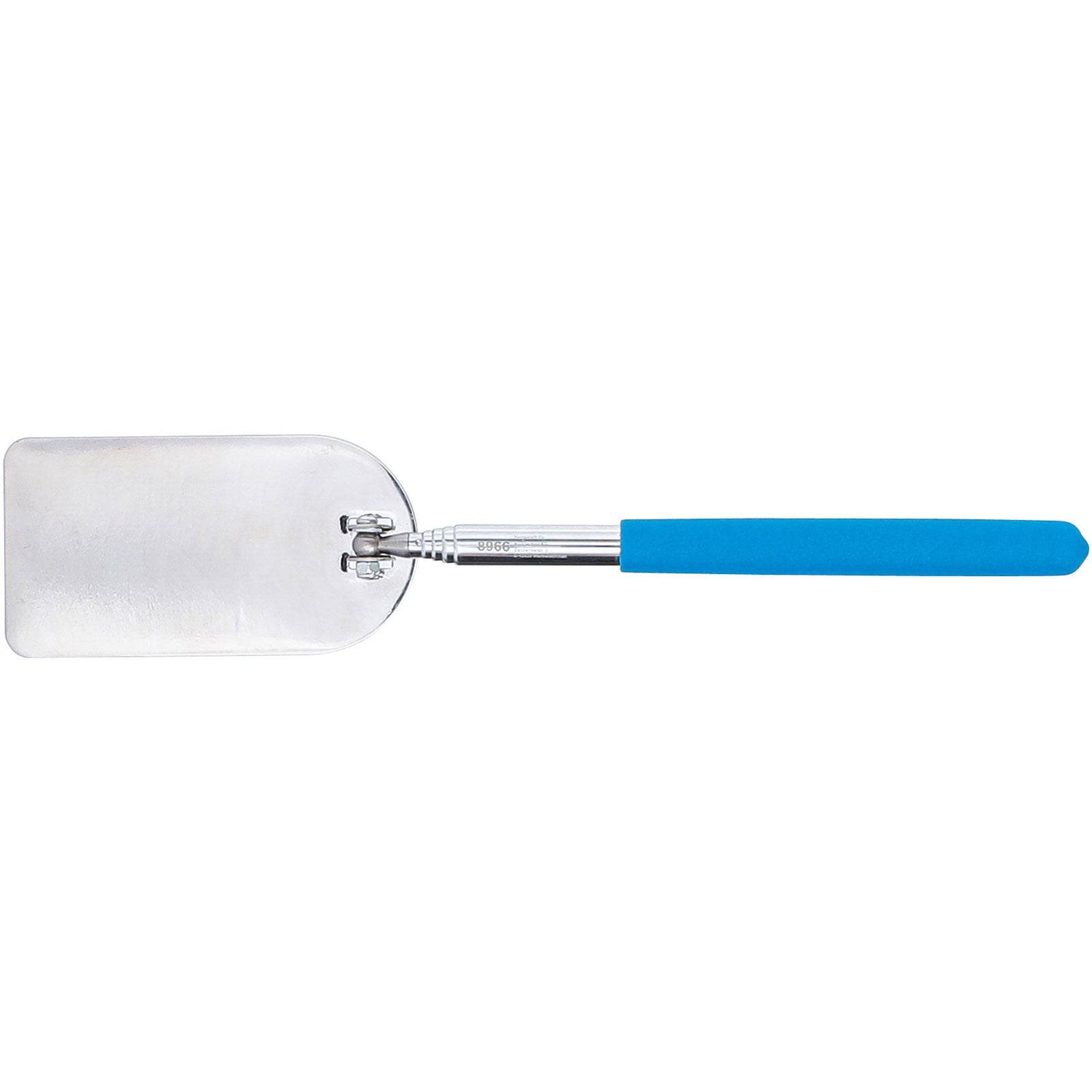 Ein Pfannenwender mit einem flachen, rechteckigen Kopf aus Edelstahl und einem langen, blauen Kunststoffgriff, der zum Wenden oder Anheben von Lebensmitteln konzipiert ist.