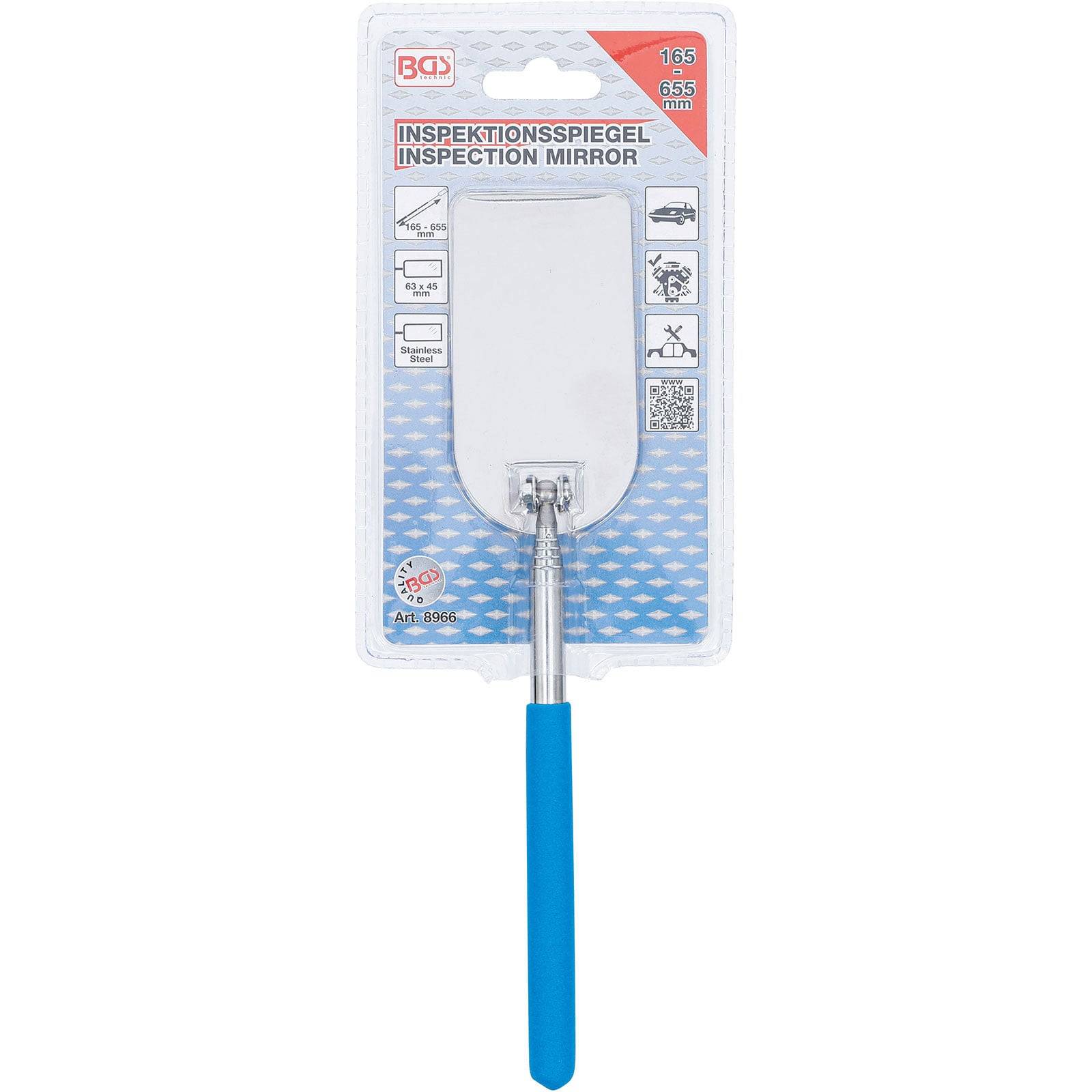 Inspektionsspiegel in Verpackung mit verstellbarem Griff, in Deutsch und Englisch beschriftet. Entwickelt zum Betrachten schwer einsehbarer Bereiche, 355 mm Länge.
