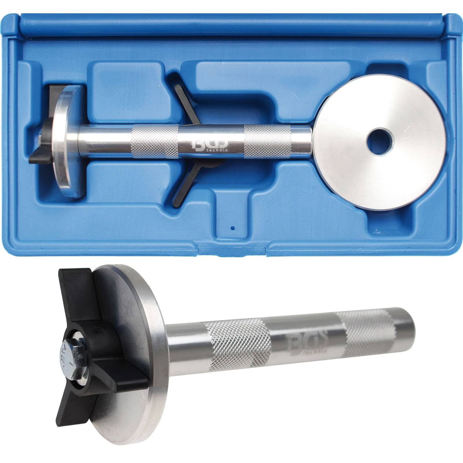 Ein Metall-Scheibenbremssattel-Werkzeug mit gerilltem Griff und schwarzen Einstellungsflügeln, dargestellt in einem blauen Plastikkoffer.