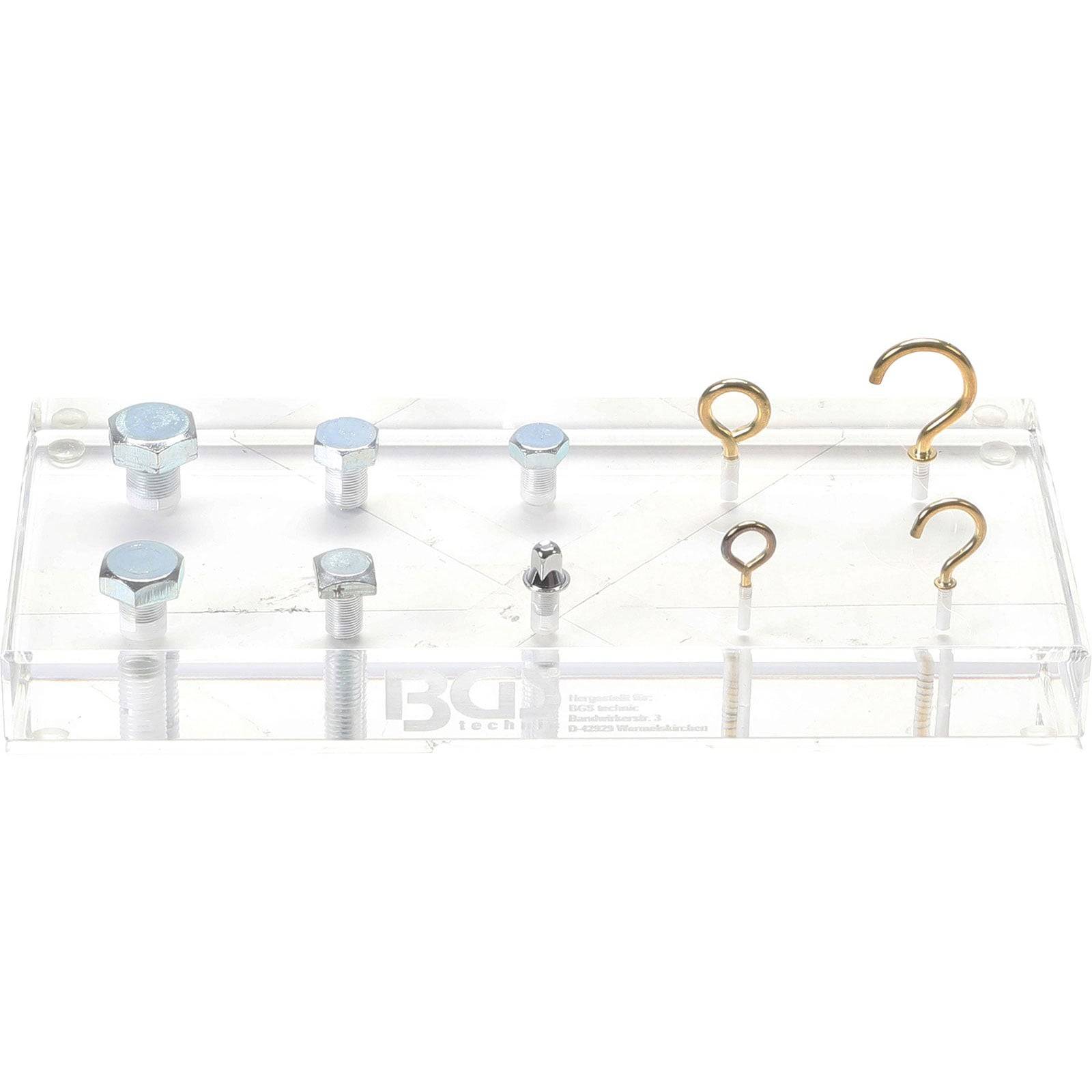 Eine transparente Vitrine präsentiert verschiedene Schrauben und Haken in unterschiedlichen Größen und Formen, die in zwei Reihen zum Vergleich und zur Untersuchung angeordnet sind.