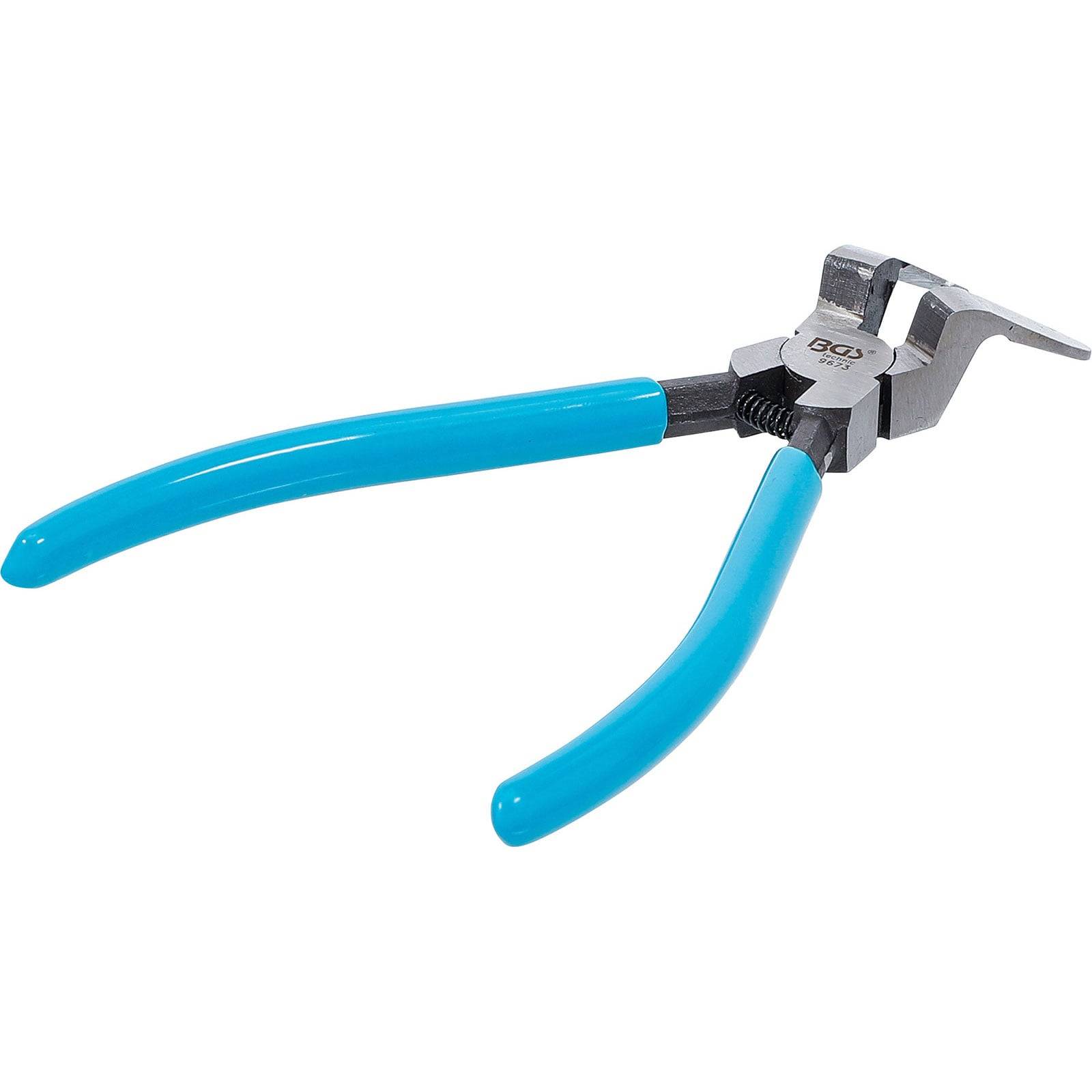 Blau-griffe Zange mit abgewinkelten Metallspitzen, zum Schneiden und Greifen konzipiert.