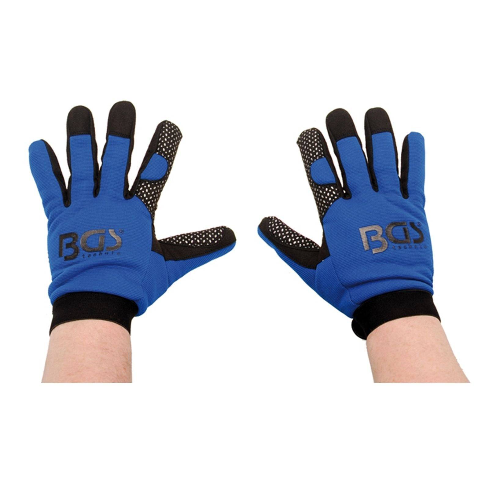 Ein Paar blau-schwarze Arbeitshandschuhe mit dem Aufdruck 'BOS' auf der Rückseite, die punktierte Griffmuster auf den Fingern und Handflächen aufweisen.