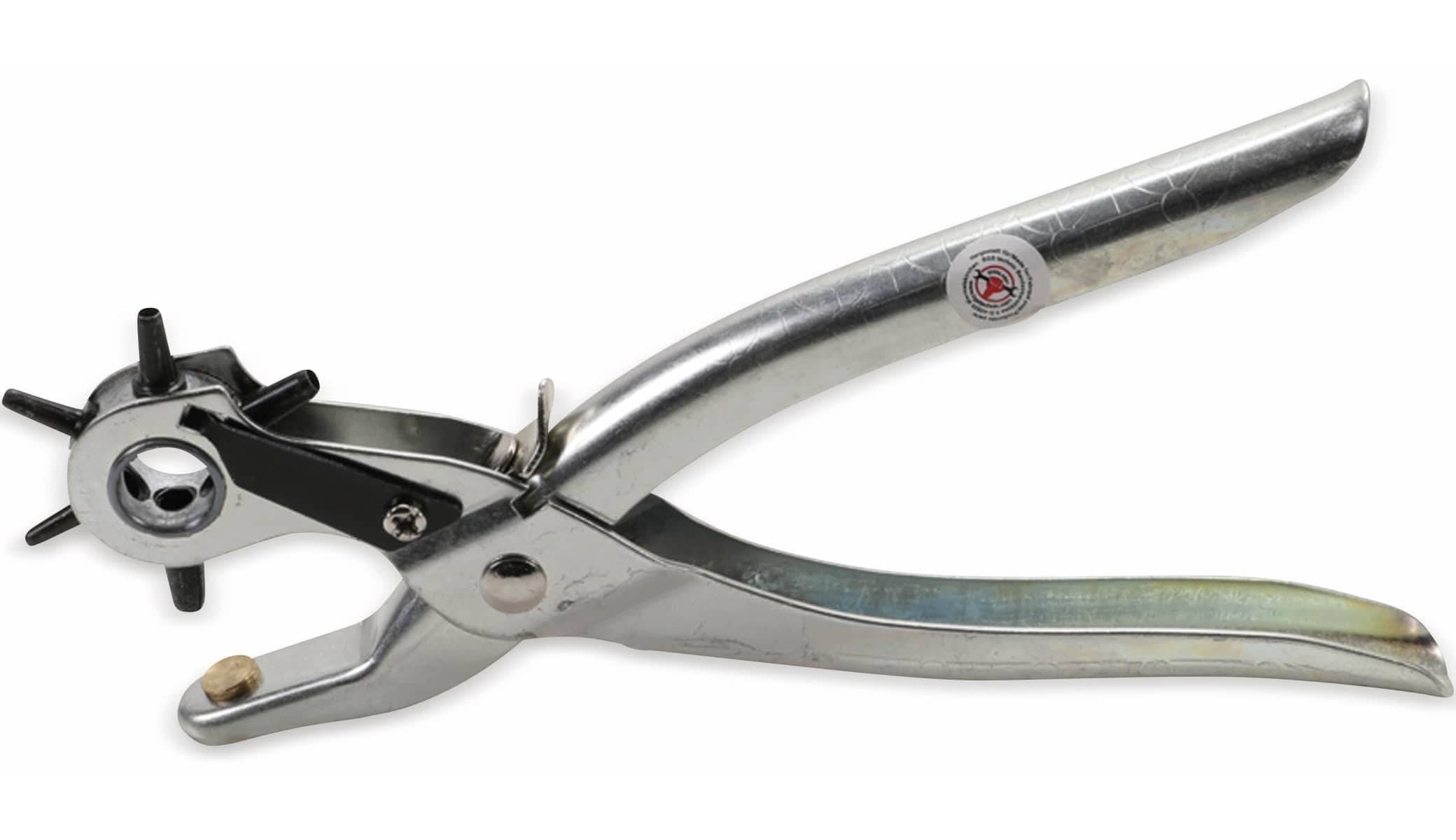 Nahaufnahme eines metallischen tragbaren Lochers, die seine Scharniere und Griff zeigt, mit einem kleinen Logo in der Nähe des Griffs.