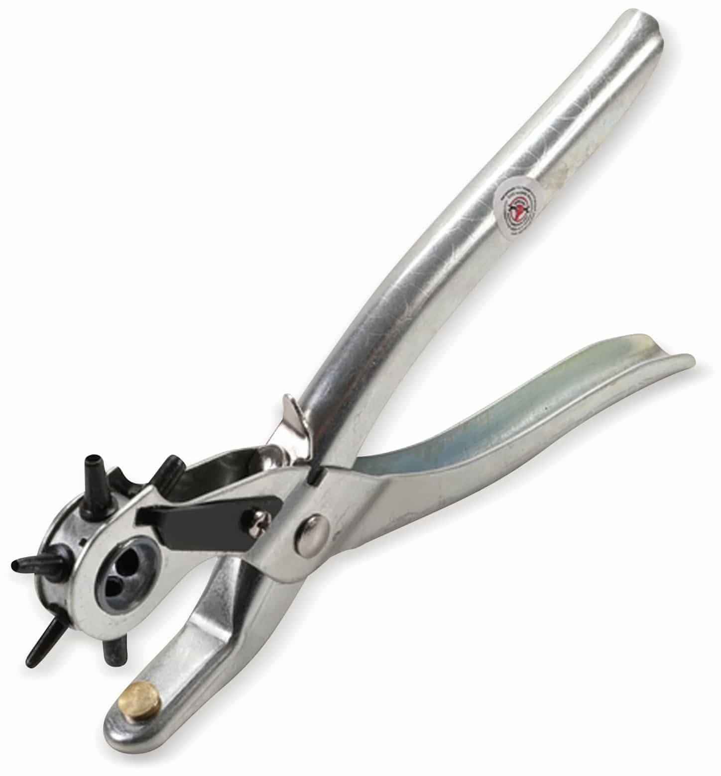 Ein Metall-Drehkartonstanzer aus Leder mit silbernem Griff und einstellbarem Zifferblatt, das mehrere Lochgrößenoptionen zeigt.