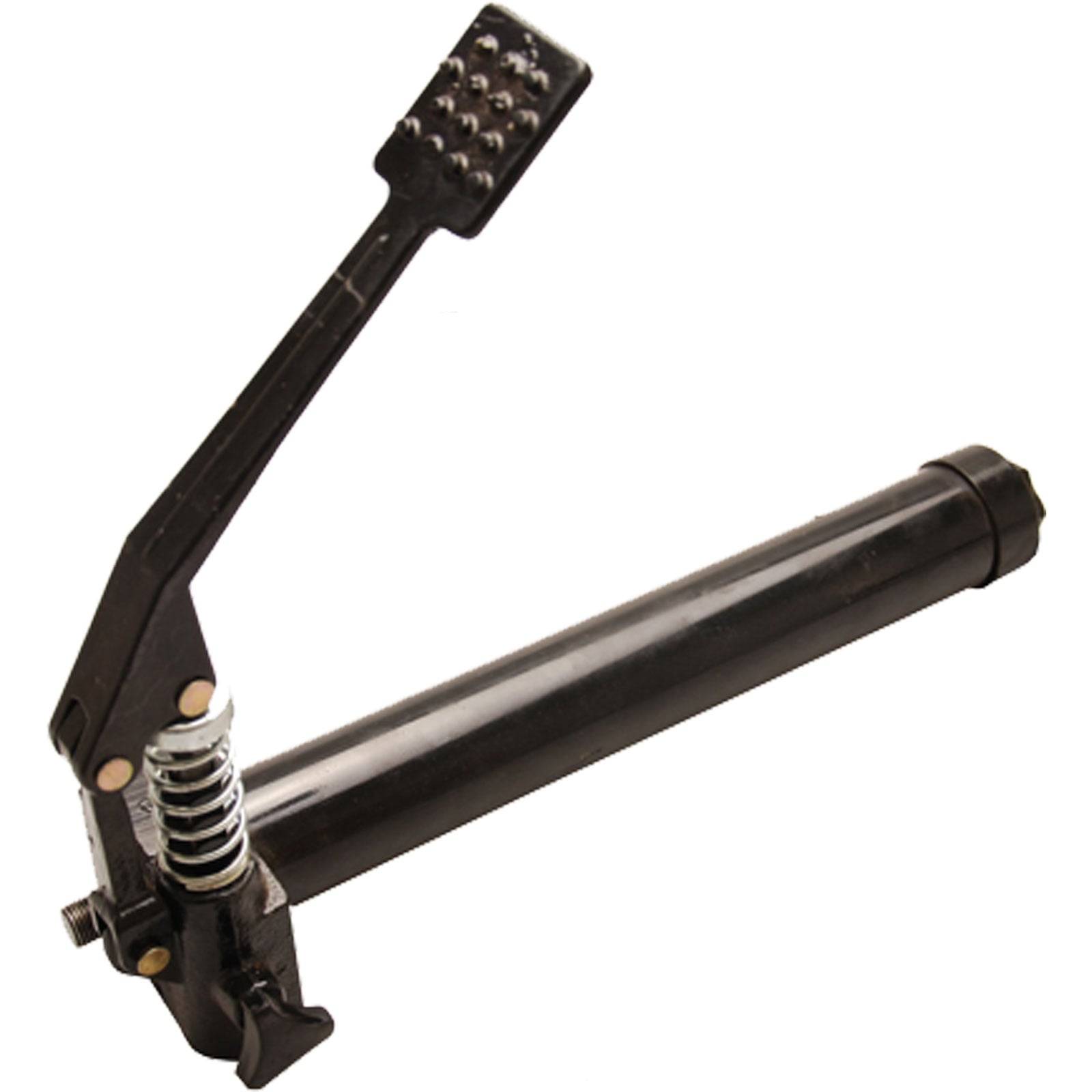 Ein schwarzer Ständer für ein Fahrrad mit einer federbelasteten Mechanik und einer strukturierten Fußhebel, der verwendet wird, um ein Fahrrad im stehenden Zustand zu stützen.