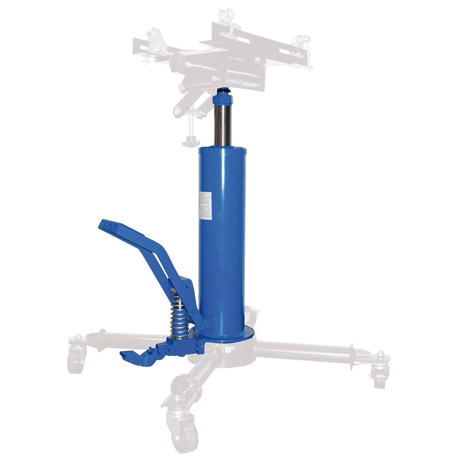Blauer hydraulischer Wagenheber mit Fußpedal, entwickelt zum Anheben schwerer Objekte, vor dem Hintergrund der Silhouette seiner ausgefahrenen Form platziert.