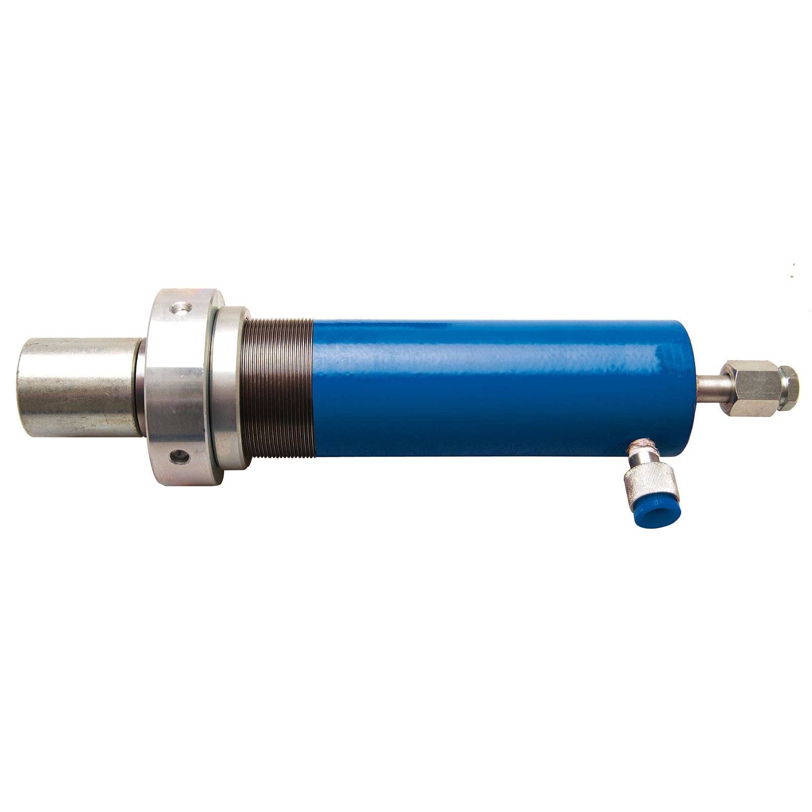 Ein blauer und silberner Hydraulikzylinder mit Gewindeabschnitt und Anschlüssen zur Befestigung, verwendet in industriellen Maschinenapplikationen.