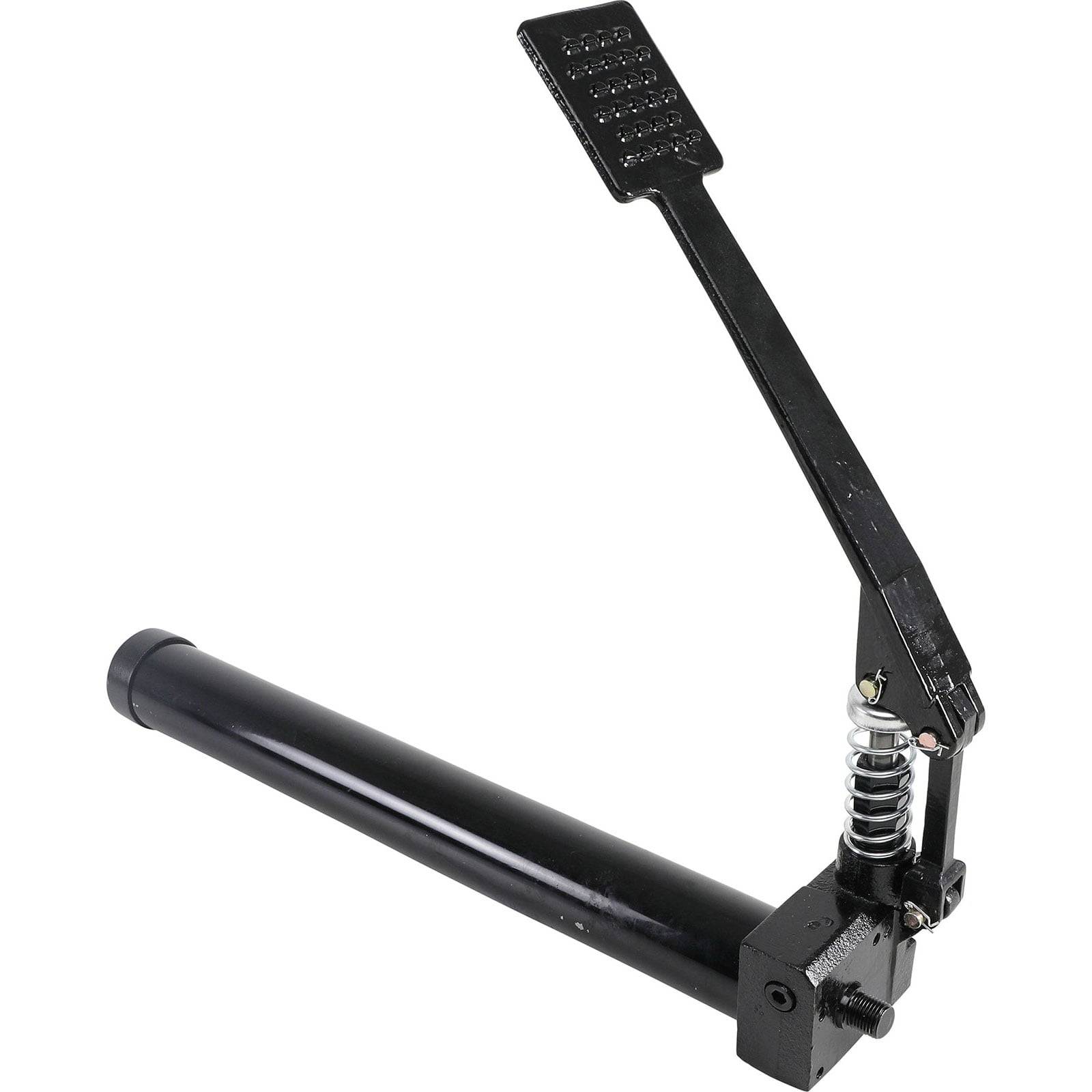 Ein schwarzer Metallkickstand mit einem Pedal und Federmechanismus, der zum Abstützen eines Fahrrads oder eines Tretrollers verwendet wird, vor einem weißen Hintergrund.