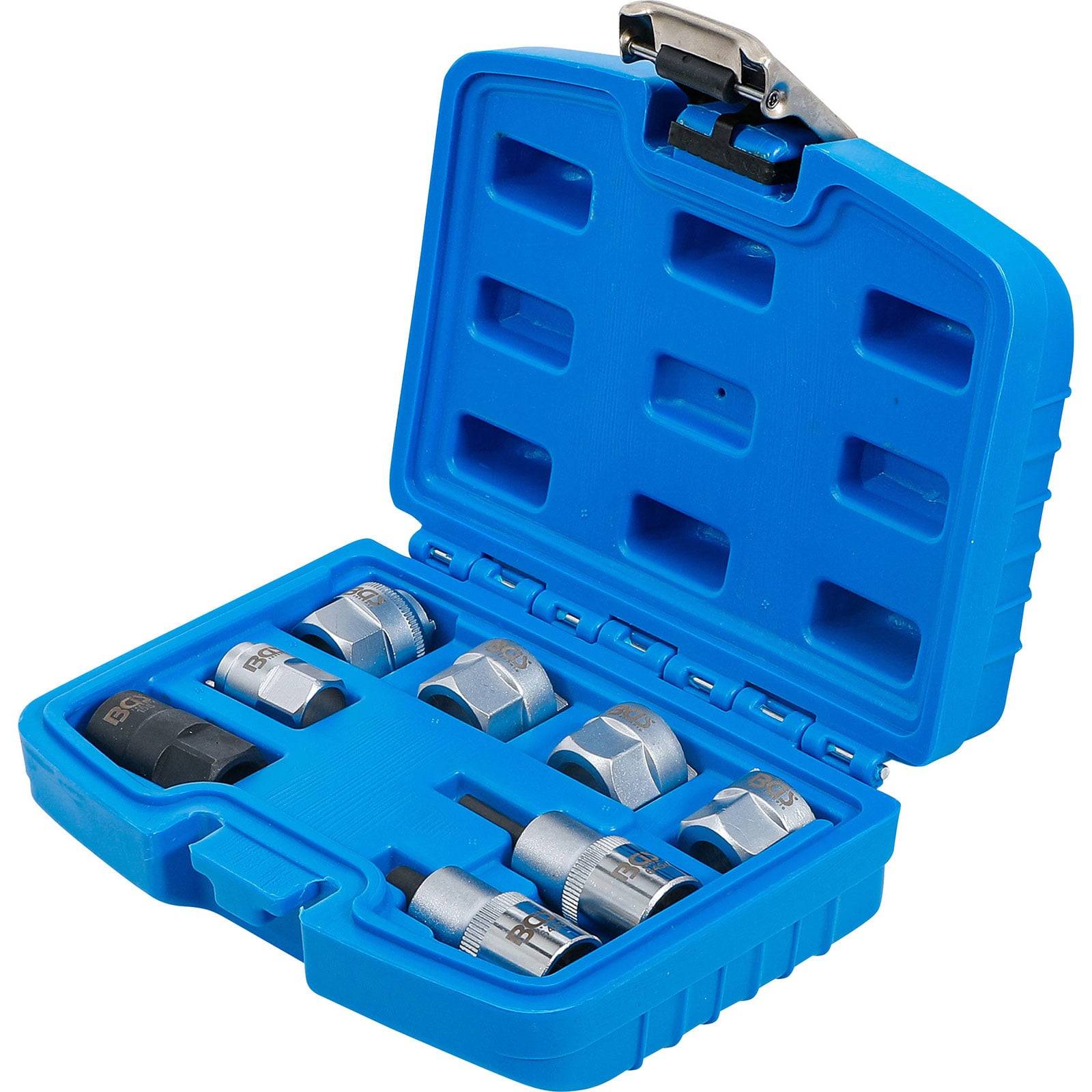 Eine blaue Plastikbox, die acht silberne Radschlüssel in verschiedenen Größen enthält, die sauber in Fächern angeordnet sind.