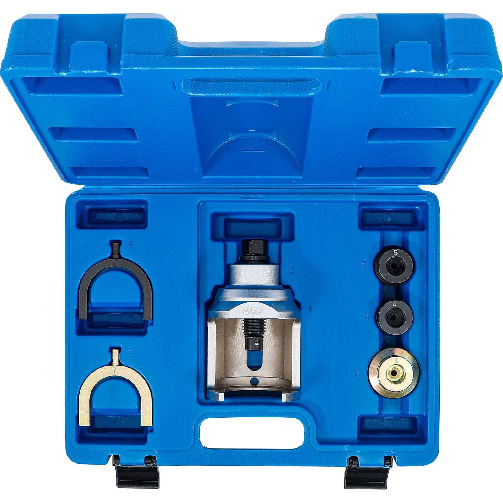 Ein blauer Werkzeugkoffer mit spezialisierten Werkzeugen für Autoreparaturen, einschließlich eines Lagerabzieher und Adapter, in Fächern organisiert.