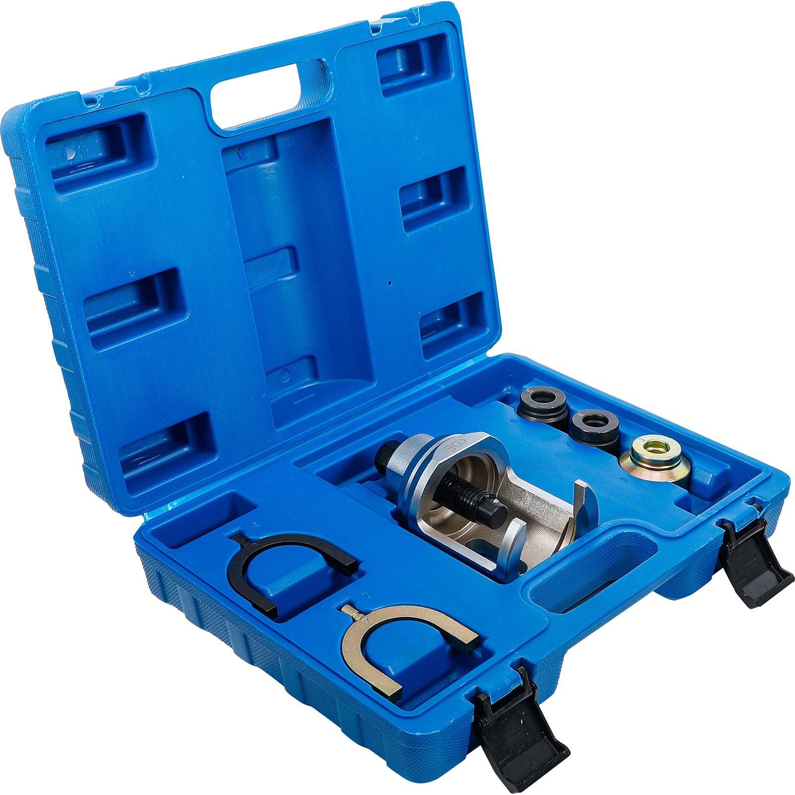 Eine blaue Kunststoff-Transportbox, die verschiedene Metallautomotive-Werkzeuge, einschließlich eines Lagerabzieher, ordentlich in Fächern angeordnet, enthält.