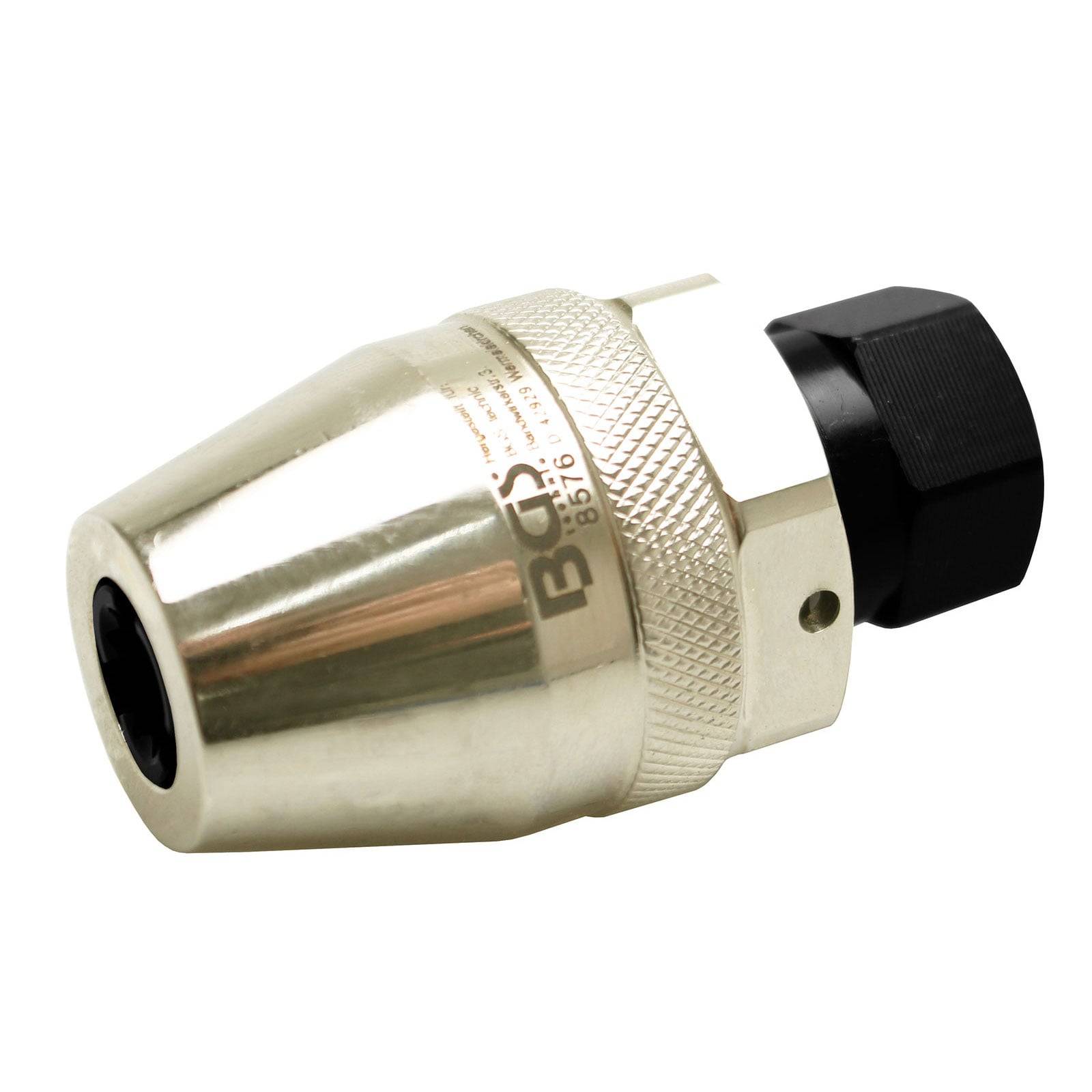 Ein Schnellspannbohrfutteradapter in Silber und Schwarz für Einsätze, mit einer strukturierten Griffzone für einfache Handhabung, auf weißem Hintergrund dargestellt.