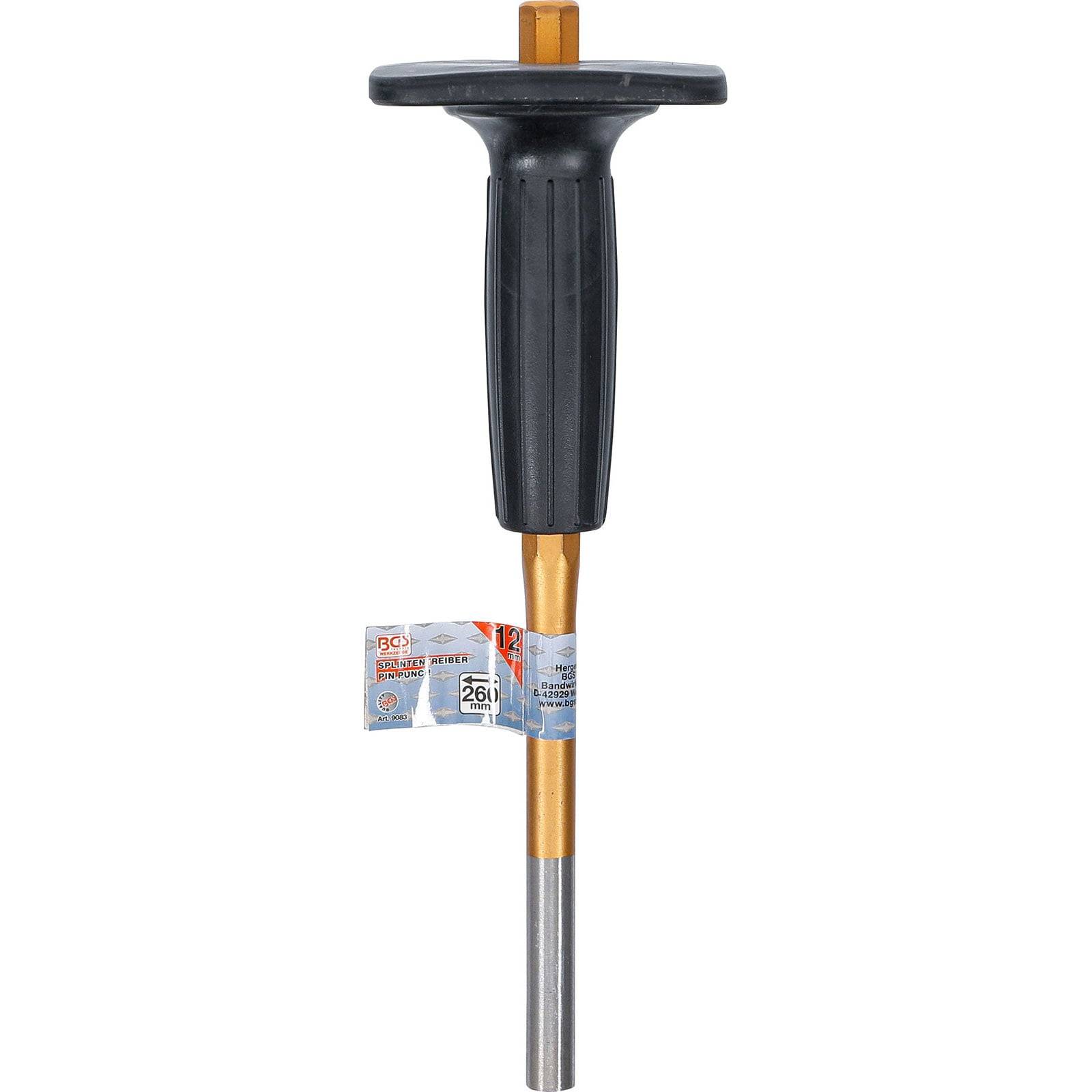 Ein Metallmeissel mit schwarzem Gummigriff, gekennzeichnet mit 