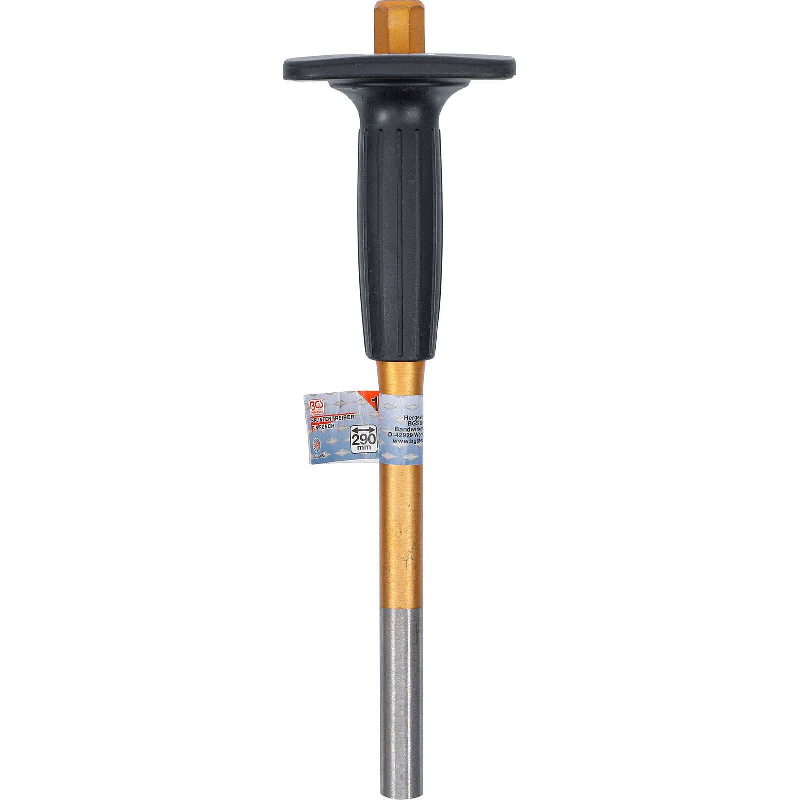 Ein Metalltool mit einem schwarzen Gummigriff, einer flachen sechseckigen Oberseite und einer zylindrischen Spitze. Ein kleines Etikett hängt von der Mitte des Werkzeugs.