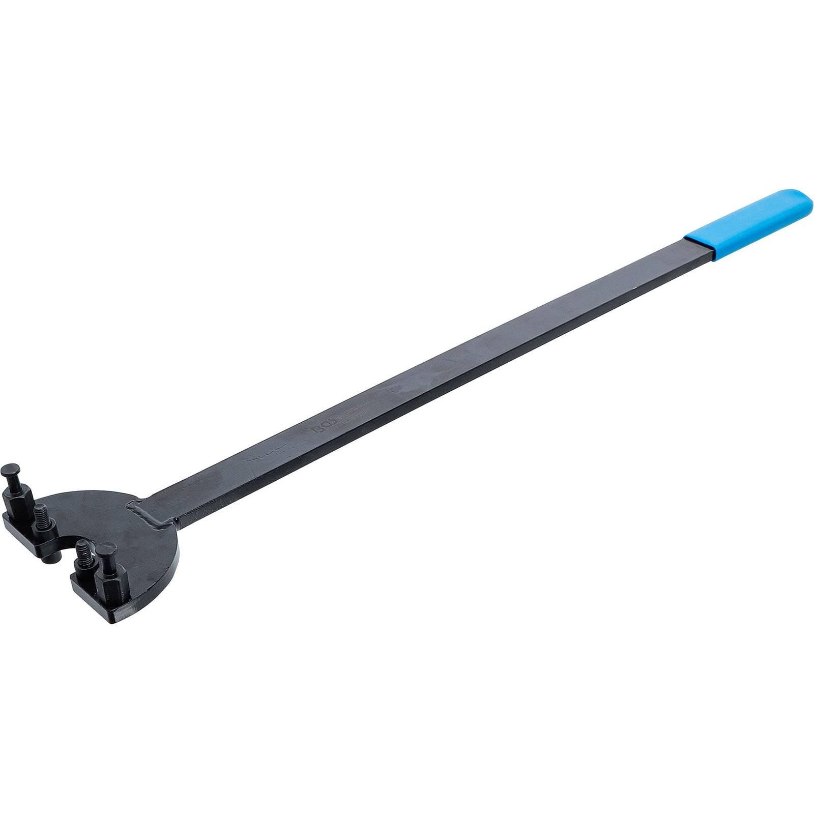 Ein schwarzes Zeitwerkzeug mit blauem Griff, ausgestattet mit zwei verstellbaren Stiften an einem Ende, das für die Ausrichtung von Motorkomponenten während der Wartung entwickelt wurde.