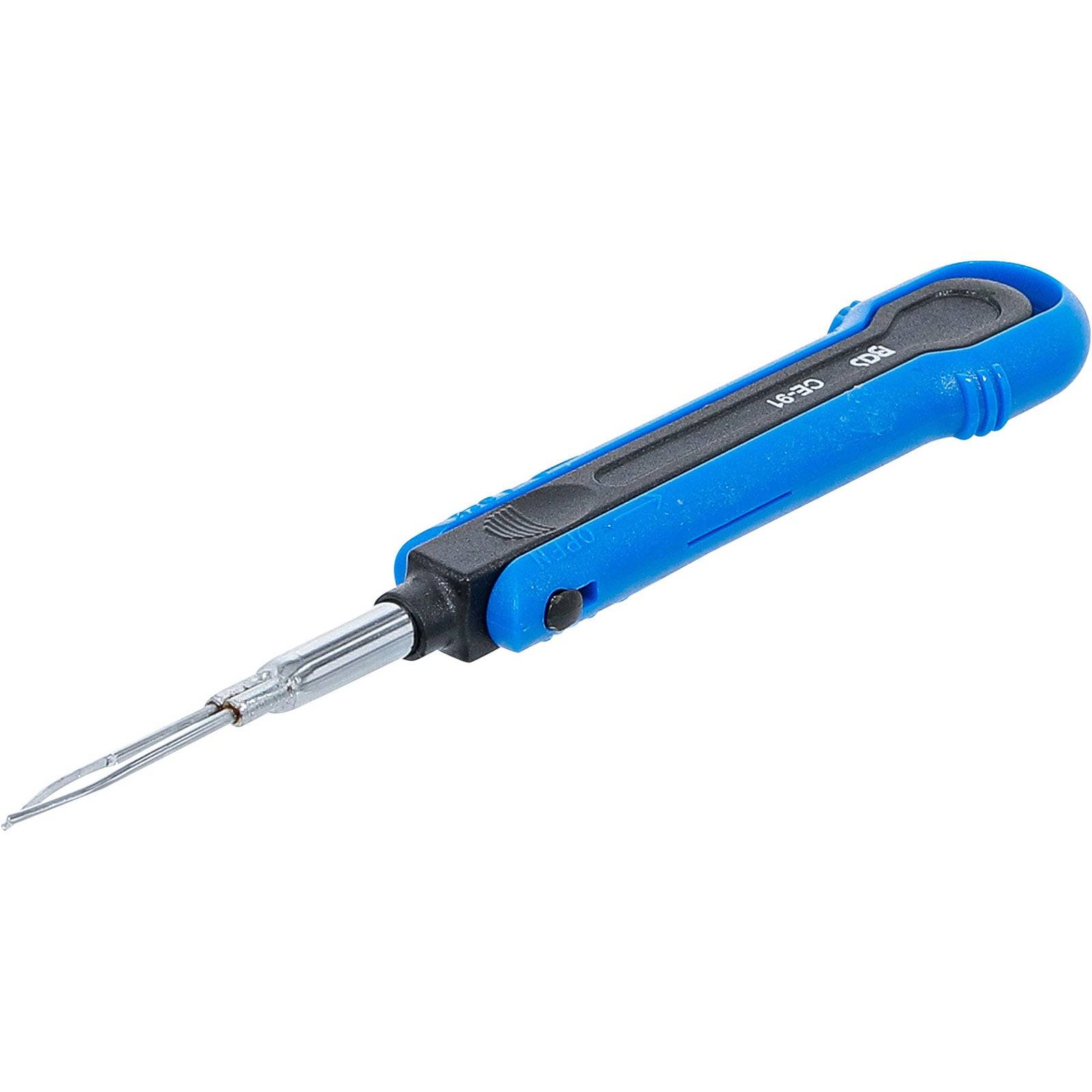 Ein blau-schwarzer Lötkolben mit einer spitzen Metallspitze, der zum Schmelzen von Lötzinn verwendet wird.