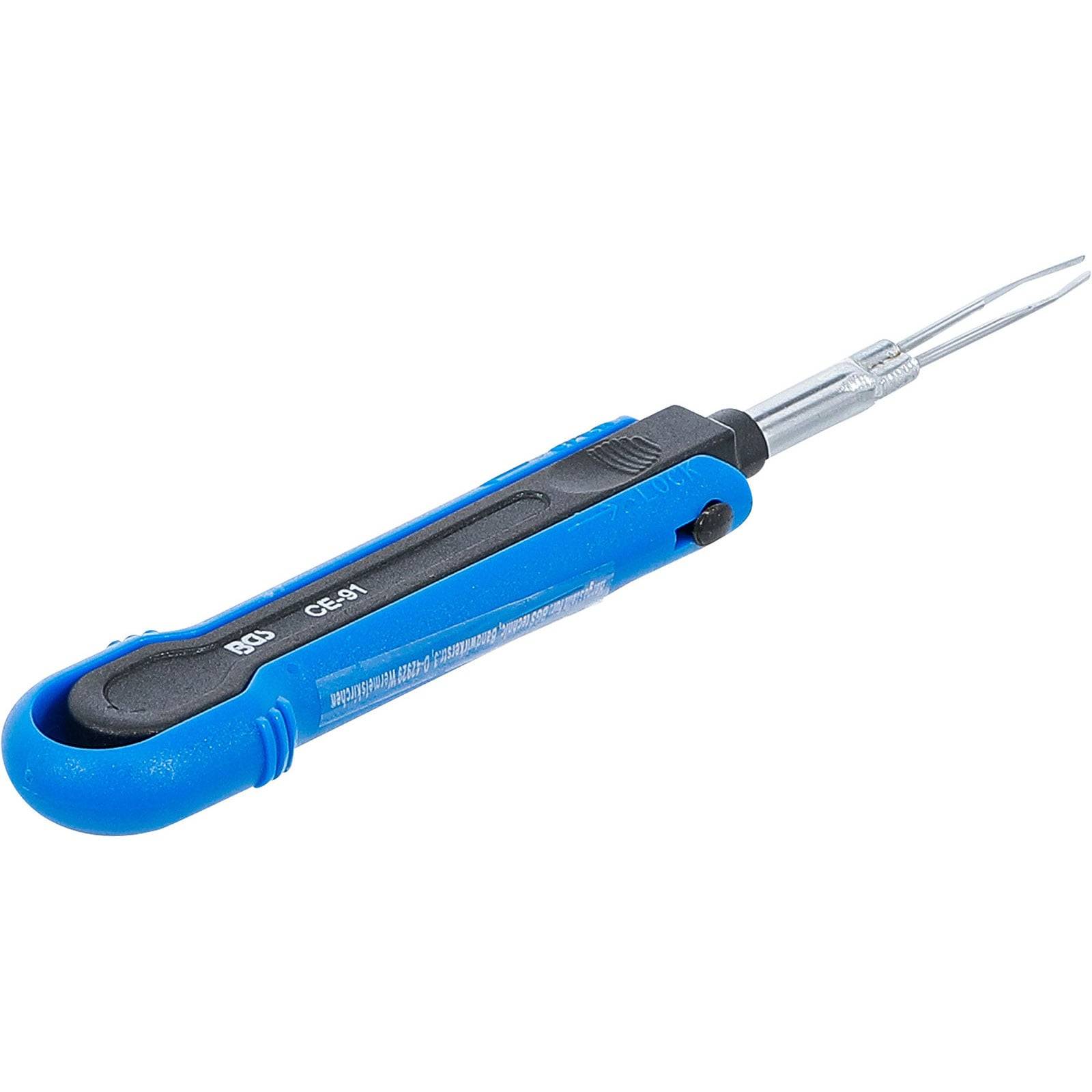 Elektrische Prüfsonde mit blauem Griff und Metalltip, verwendet zum Testen von Stromkreisen. Inklusive Modellnummer und Zertifizierungsmarkierungen am Griff.