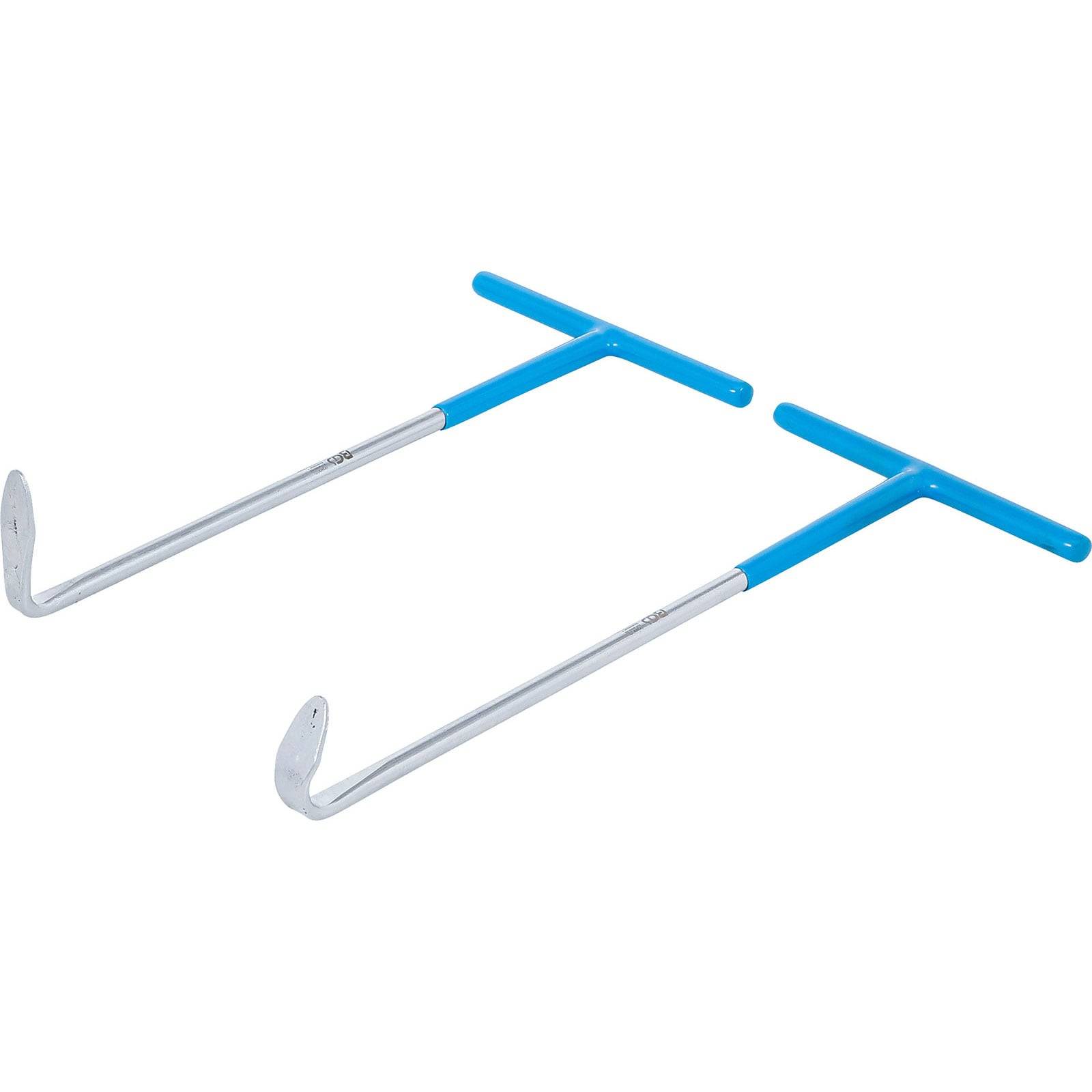 Zwei Metall-Schneeschuh-Entferner mit blauen Griffen, die jeweils einen T-förmigen Griff und gebogene Haken zur einfachen Schneeschuh-Entfernung aufweisen.