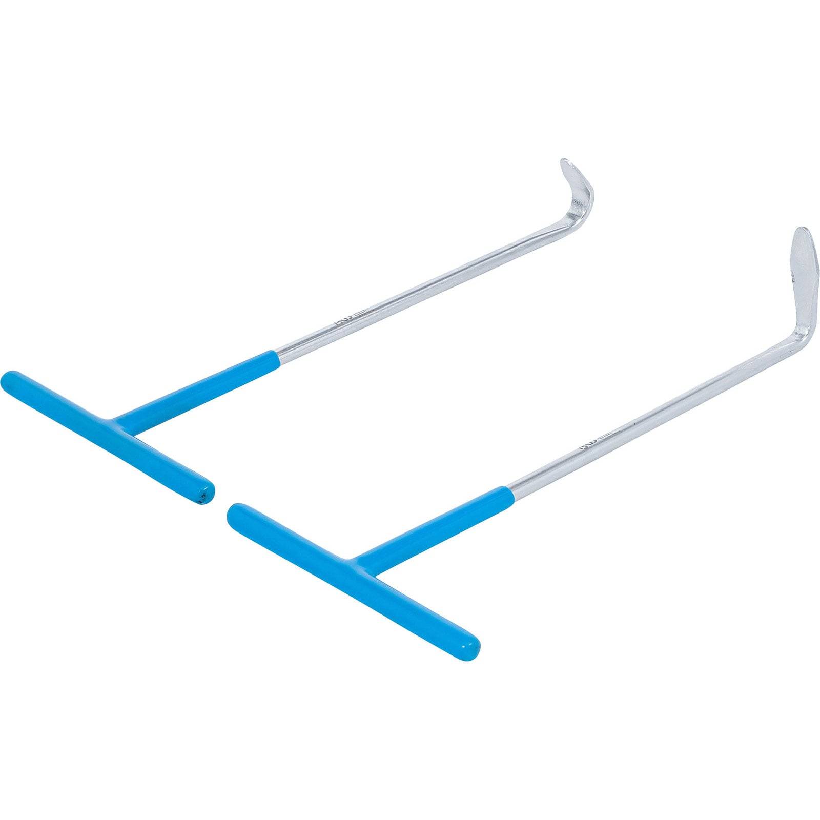 Zwei blaue Metallwerkzeuge mit T-förmigen Griffen und gekrümmten Enden, die wahrscheinlich zum Ausrichten oder Justieren von Ausrüstung verwendet werden.