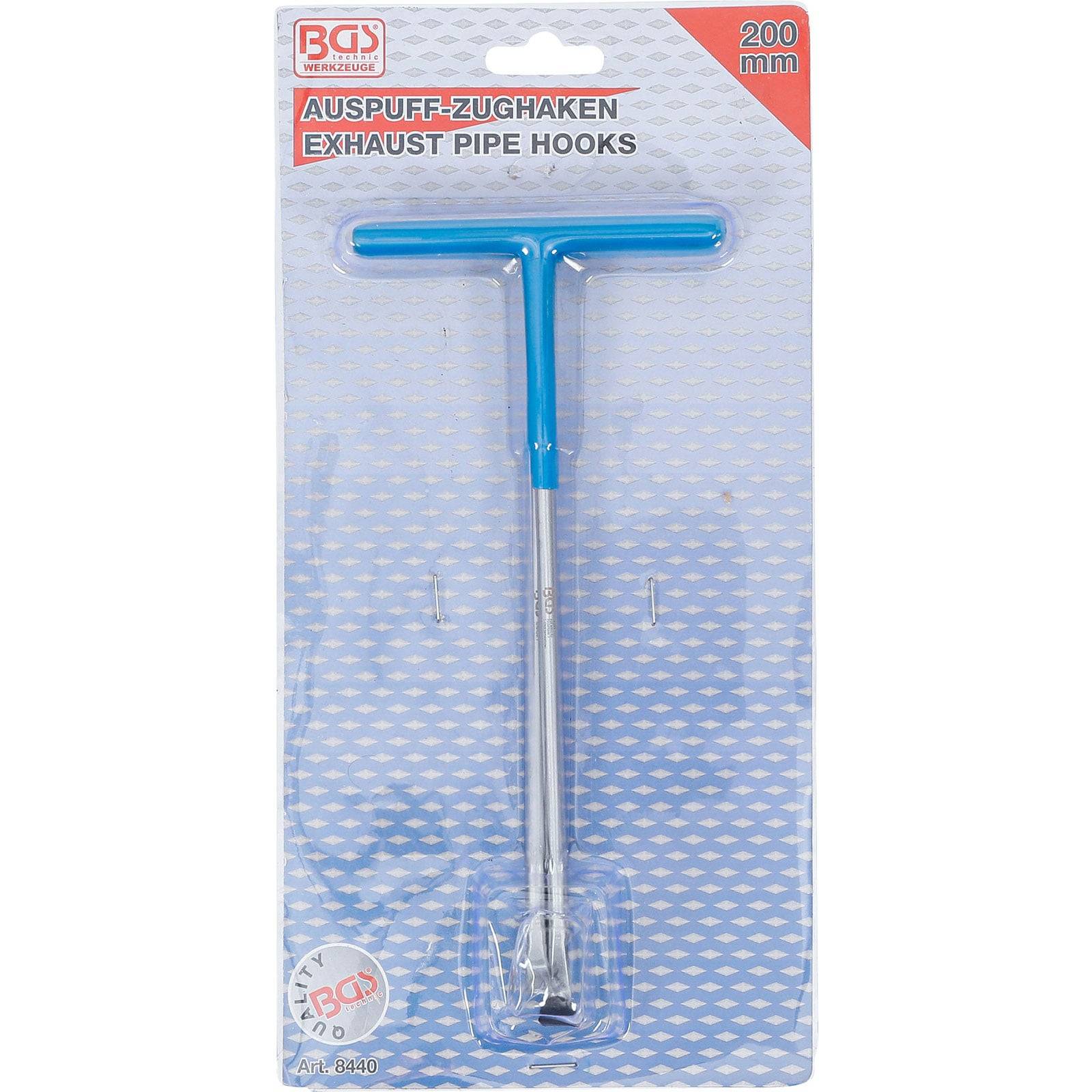Auspuffrohrhalter-Werkzeug mit blauem T-förmigem Griff und 200 mm Länge, verpackt auf einer Markenkartonrückseite.