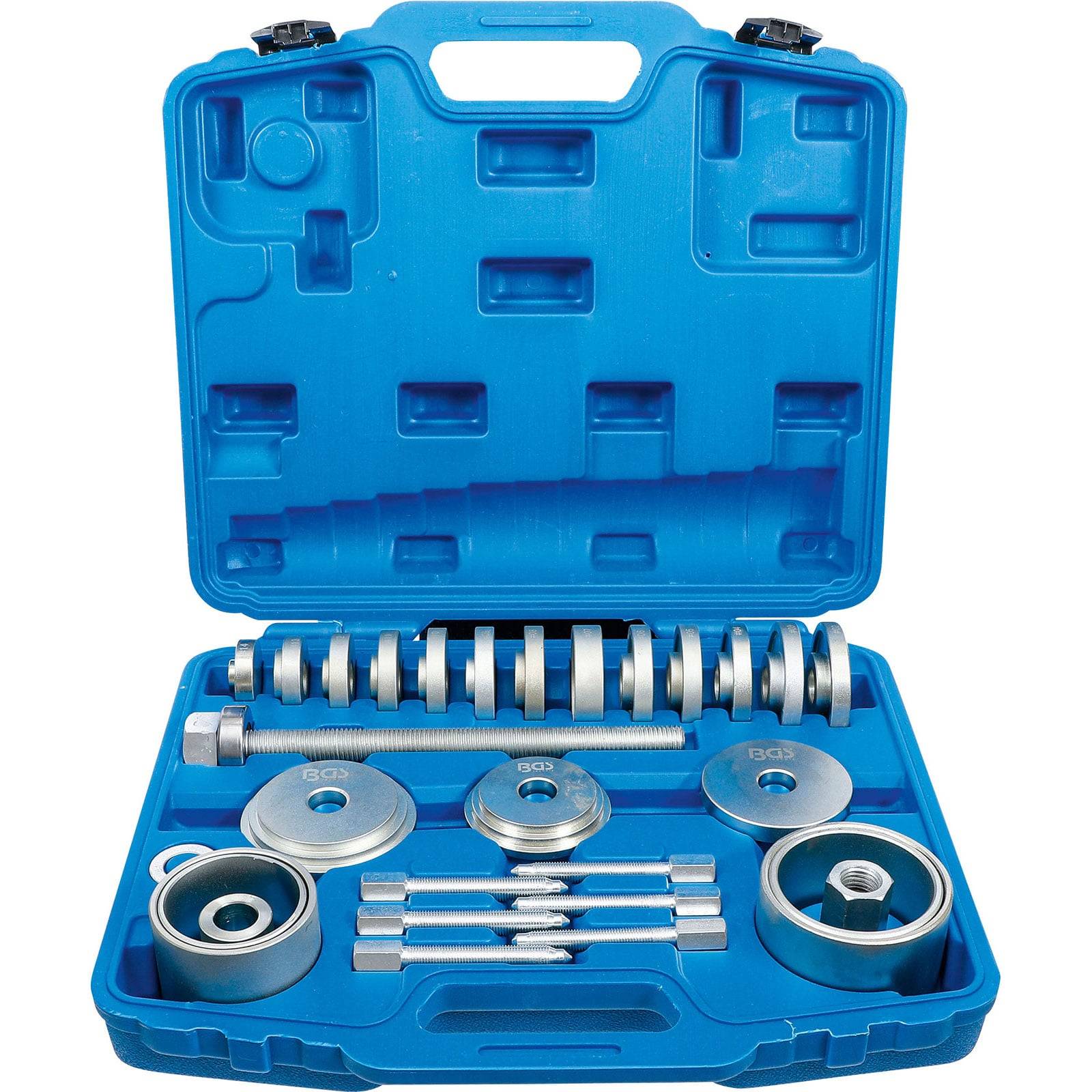 Eine blaue Plastikbox, die einen Metallkugellagerzieher mit verschiedenen Anbauteilen und Werkzeugen enthält, die im Inneren der Box systematisch angeordnet sind.