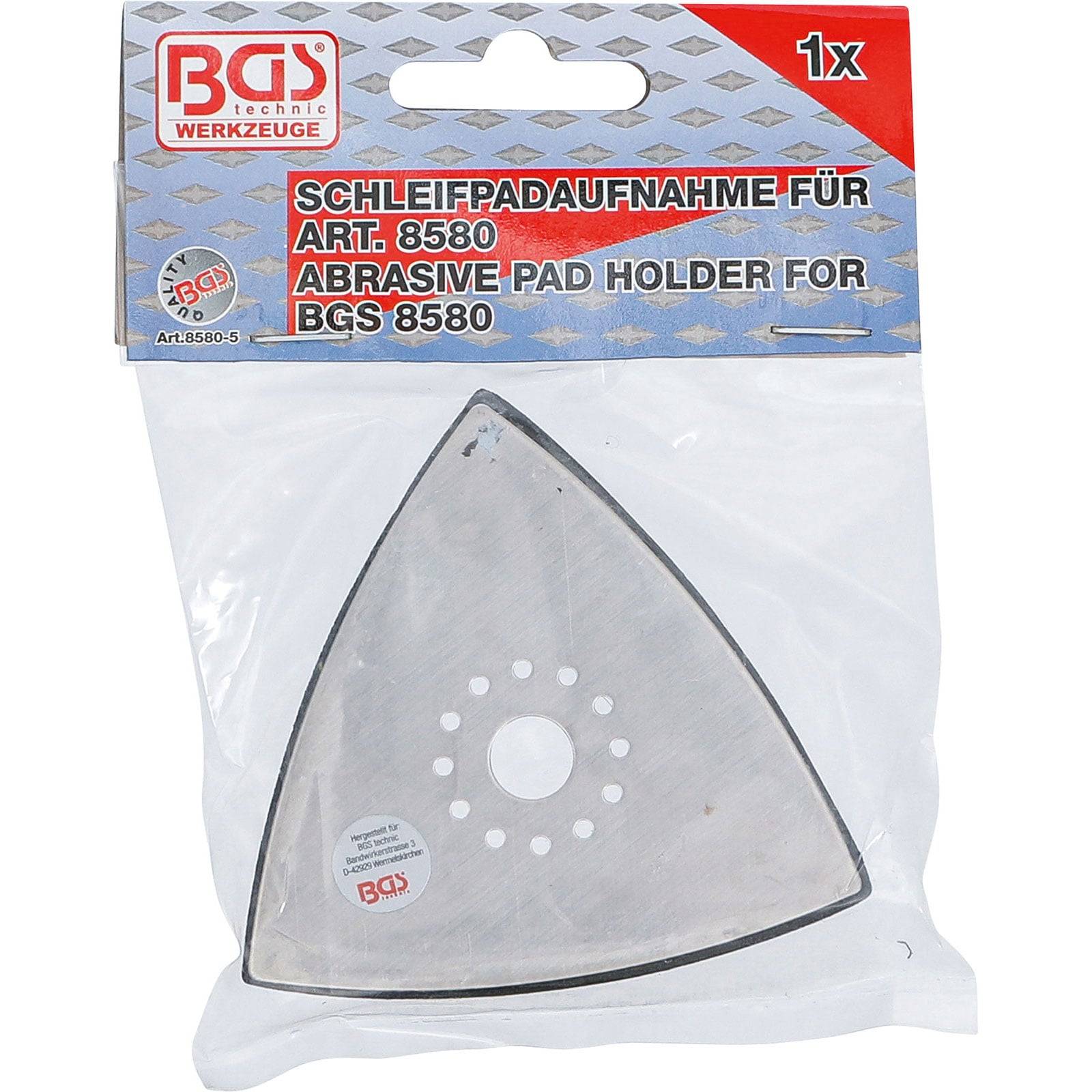 Schleifpad-Halter für BGS 8580,' dreiecksförmiges Werkzeug in Verpackung mit Markenbeschriftung in der oberen linken Ecke.