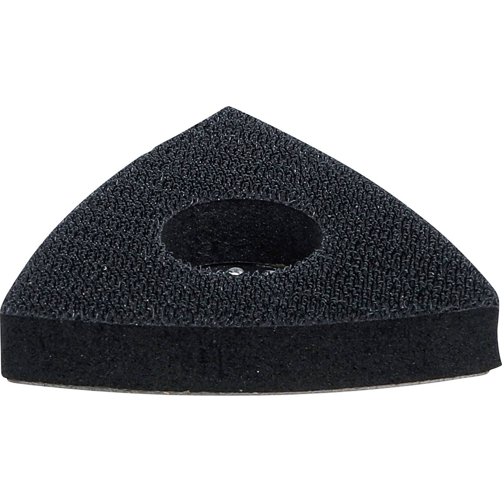 Ein schwarzes dreieckiges Schleifpad mit einem zentralen Loch; verwendet zum Schleifen von Holz, Metall oder Kunststoffen bei Detailschleifwerkzeugen.