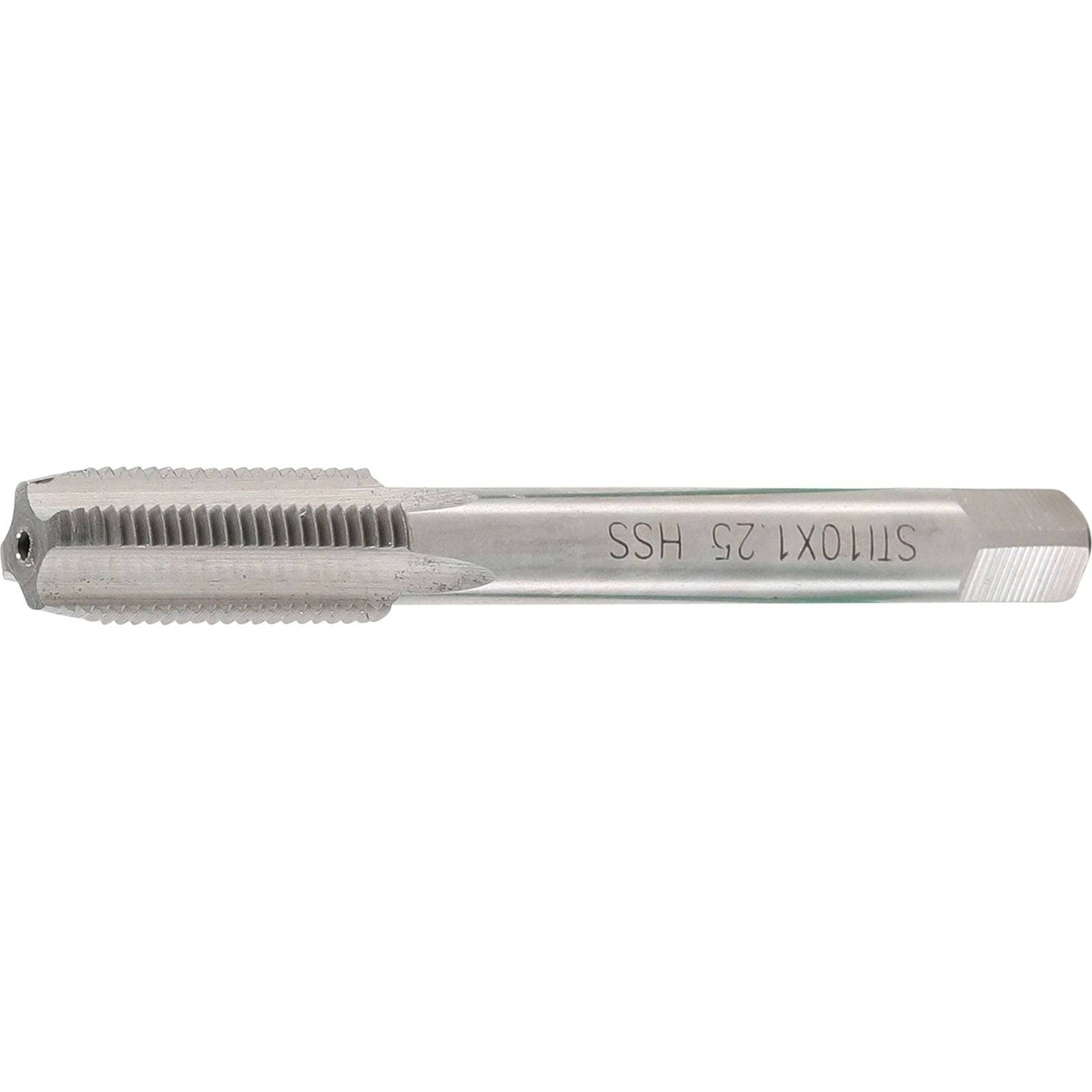Ein Gewindebohrer aus Metall, markiert mit ‚S1T0X1 25 HSS', mit drei Schneidnuten und einem quadratischen Ende zum Drehen.