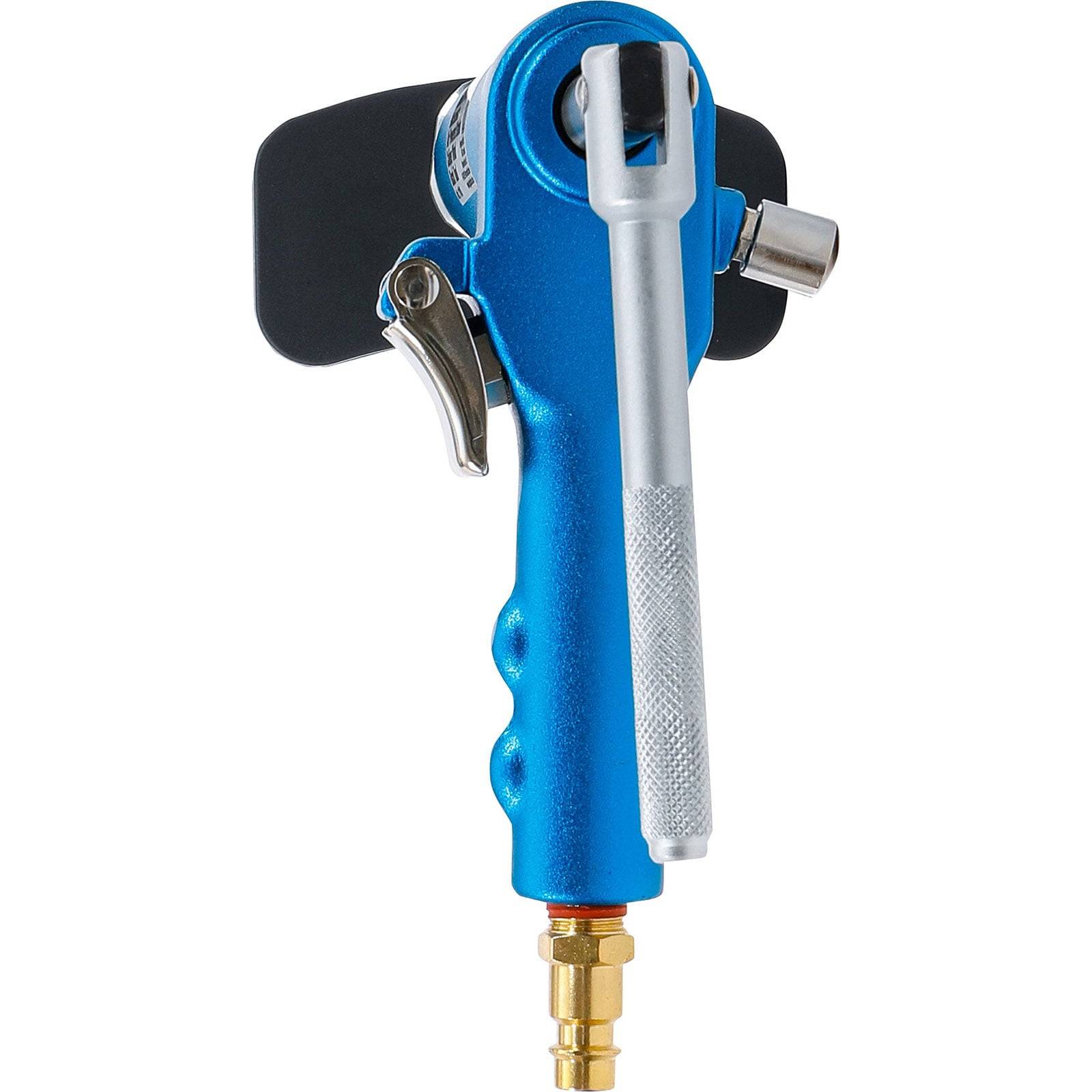 Eine blaue Handbrause mit strukturiertem Griff, Auslösehandgriff und Messinganschluss. Verwendet für Hochdruck-Reinigungsanwendungen.