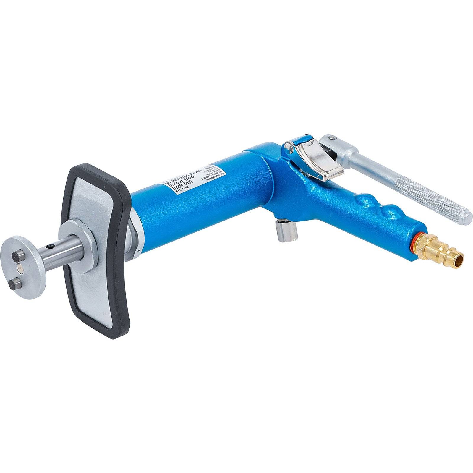 Ein blaues Druckluftgerät mit einem Griff, Manometer und Messingfittings, das wahrscheinlich für industrielle oder mechanische Anwendungen verwendet wird.