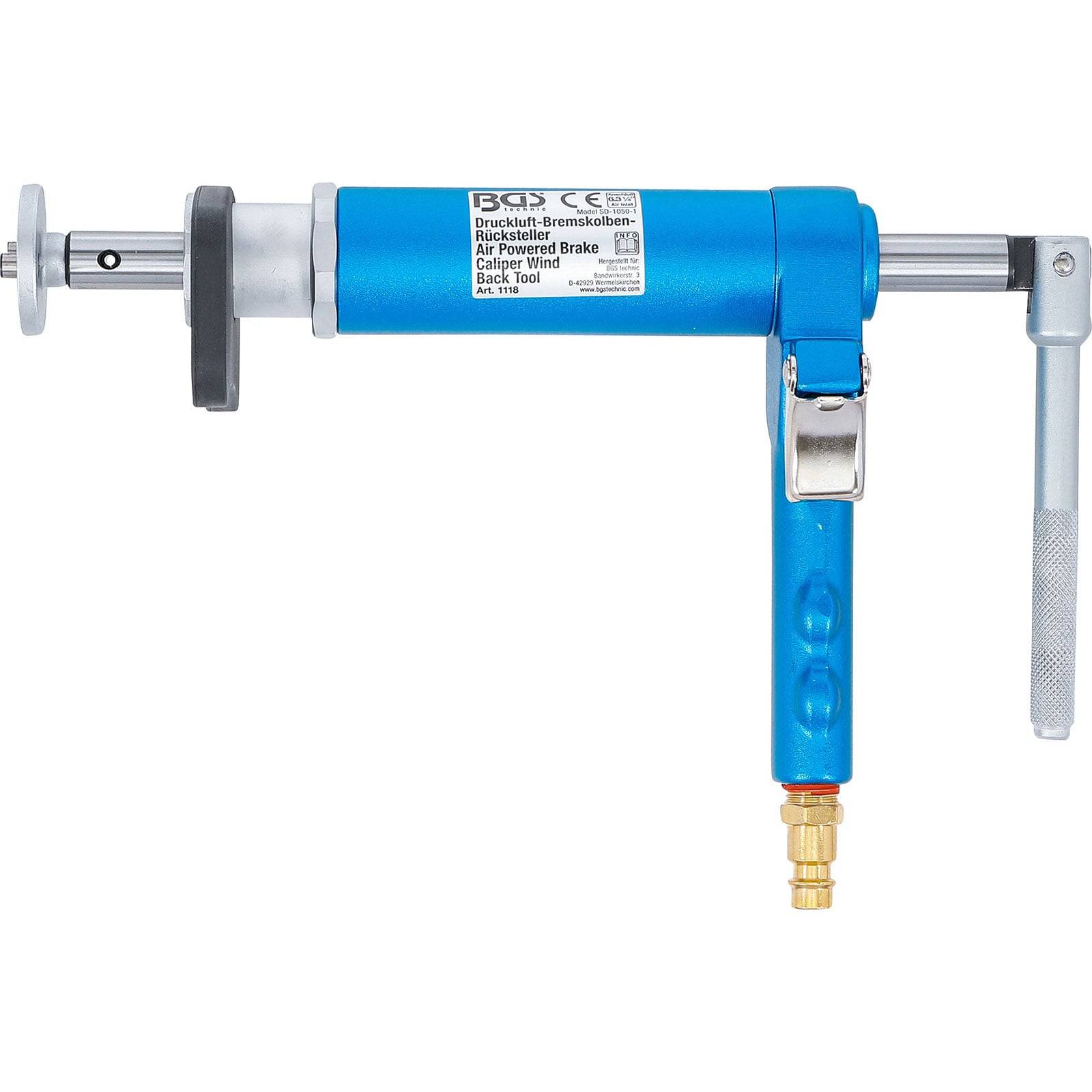 Ein blauer, luftbetriebener Bremssattel-Rückstellwerkzeug mit einem Metallhebel und Einstellrad wird gezeigt, der für die Bremswartung verwendet wird.