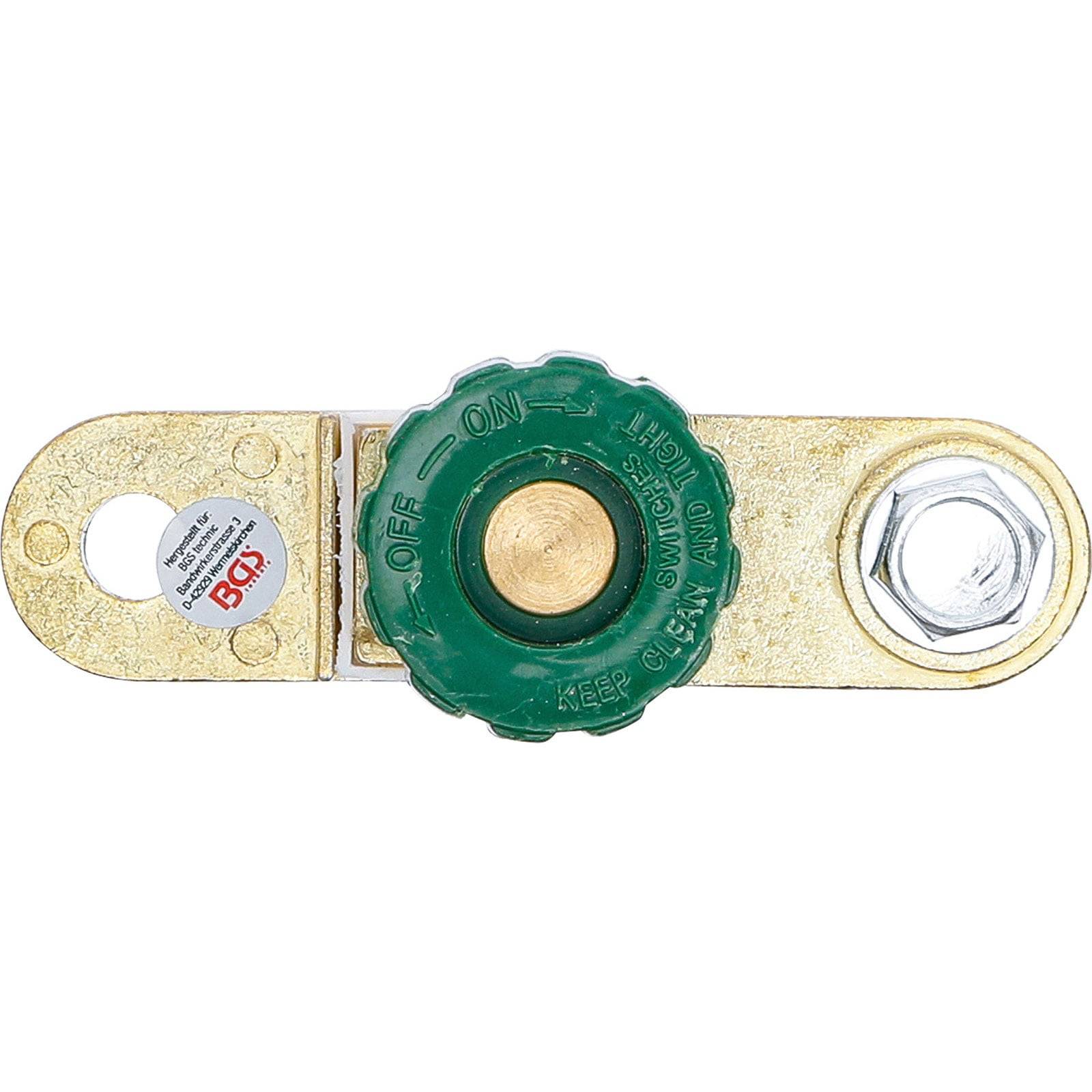 Batterie-Trennschalter mit einem grünen Knopf, beschriftet mit ‚Ein' und ‚Aus', mit Metallklemmen auf beiden Seiten für elektrische Anschlüsse.