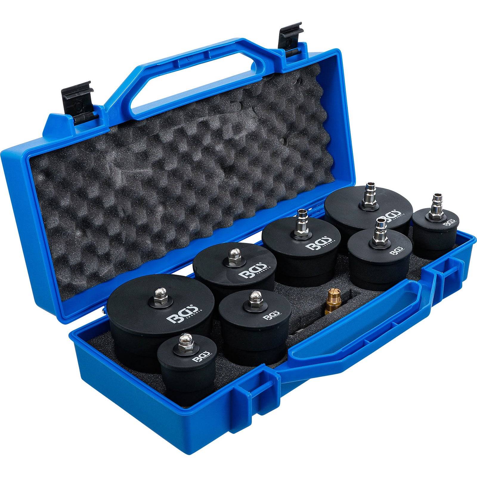 Eine blaue Plastikbox enthält einen Satz schwarzer PVC-Prüfstopfen in verschiedenen Größen, die jeweils mit ‚PGJ' gekennzeichnet sind und für Rohrtests und Abdichtungen verwendet werden.