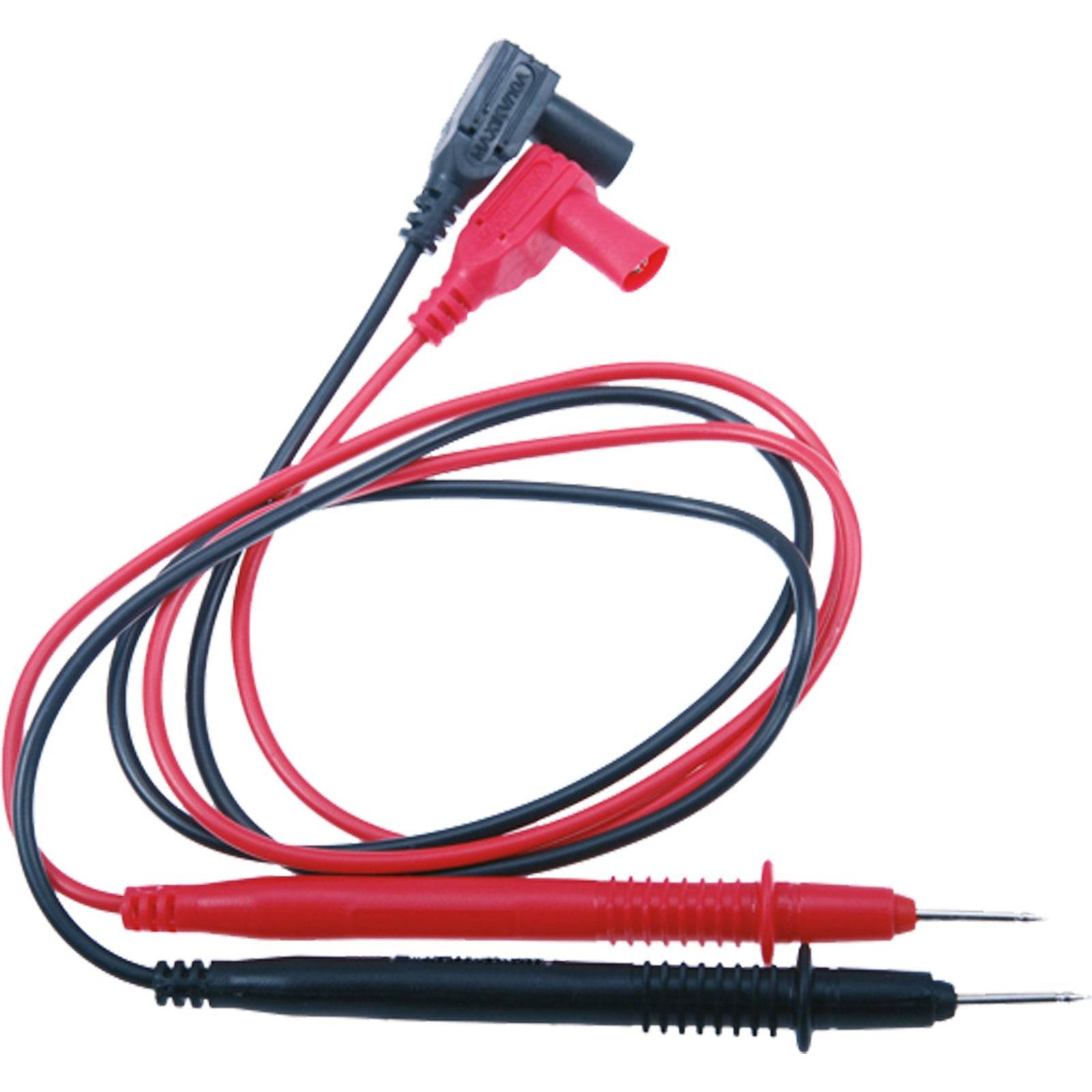 Rot- und schwarze Multimeter-Messleitungen mit spitzen Metalltips, verwendet für elektrische Tests und Messungen, zusammengerollt.