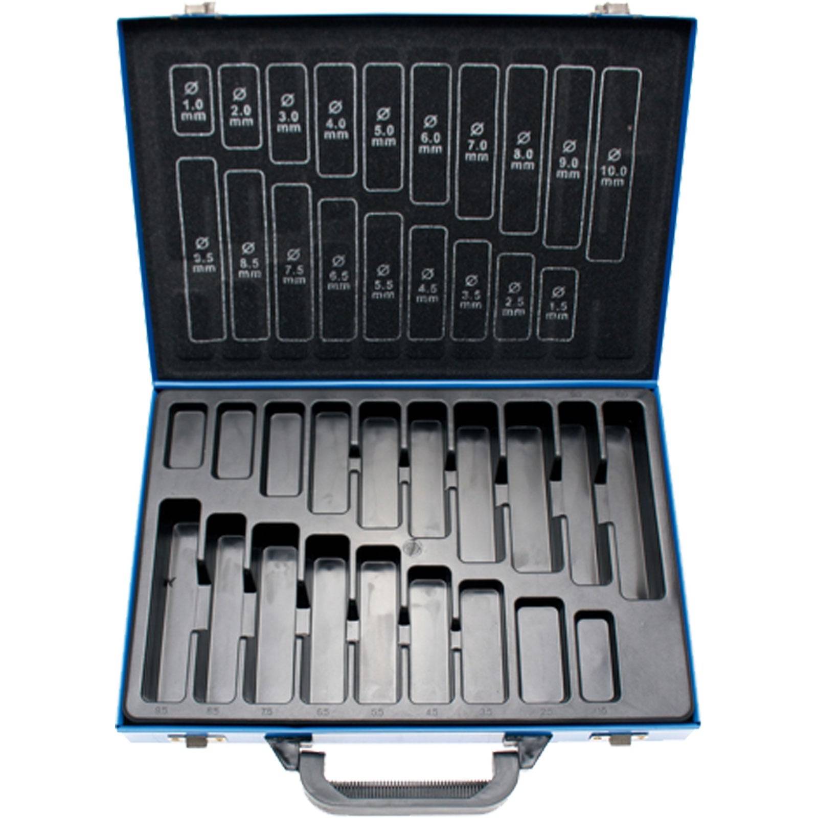 Offene blaue Box mit Schaumstoff und gekennzeichneten Fächern für verschiedene Bohrergröße von 1,0 mm bis 11,0 mm.