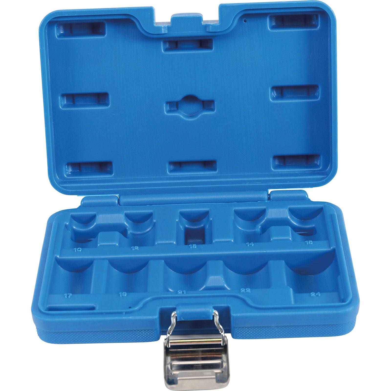 Eine blaue Kunststoffbox mit einer Verschlussfalle, die zwölf Fächer im Inneren hat, möglicherweise zur Organisation von Kleinteilen oder Komponenten, ist offen und leer.