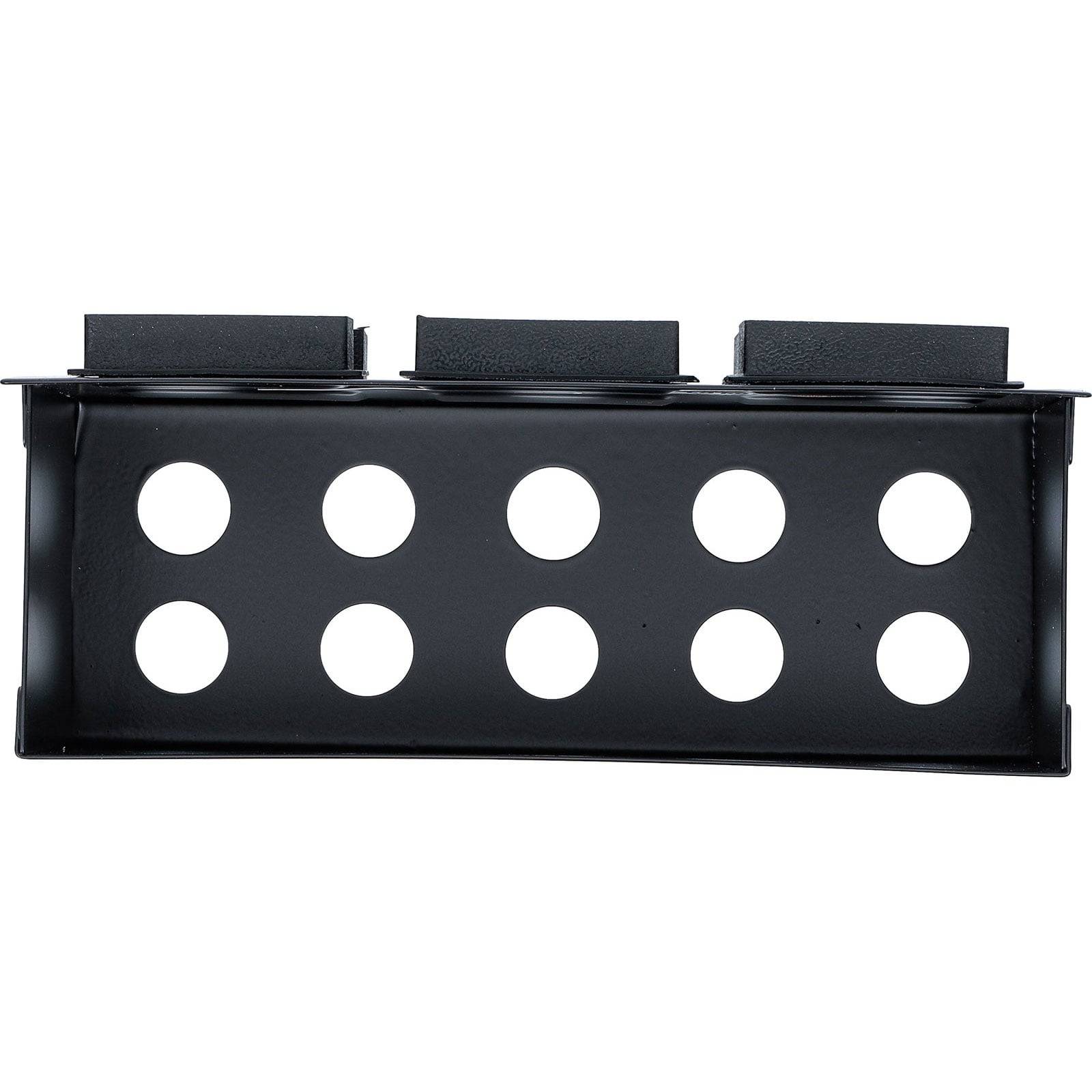 Eine schwarze Metallhalterung mit Bogendesign verfügt über drei Verbindungspunkte oben und acht kreisförmige Löcher, die in zwei Reihen angeordnet sind.