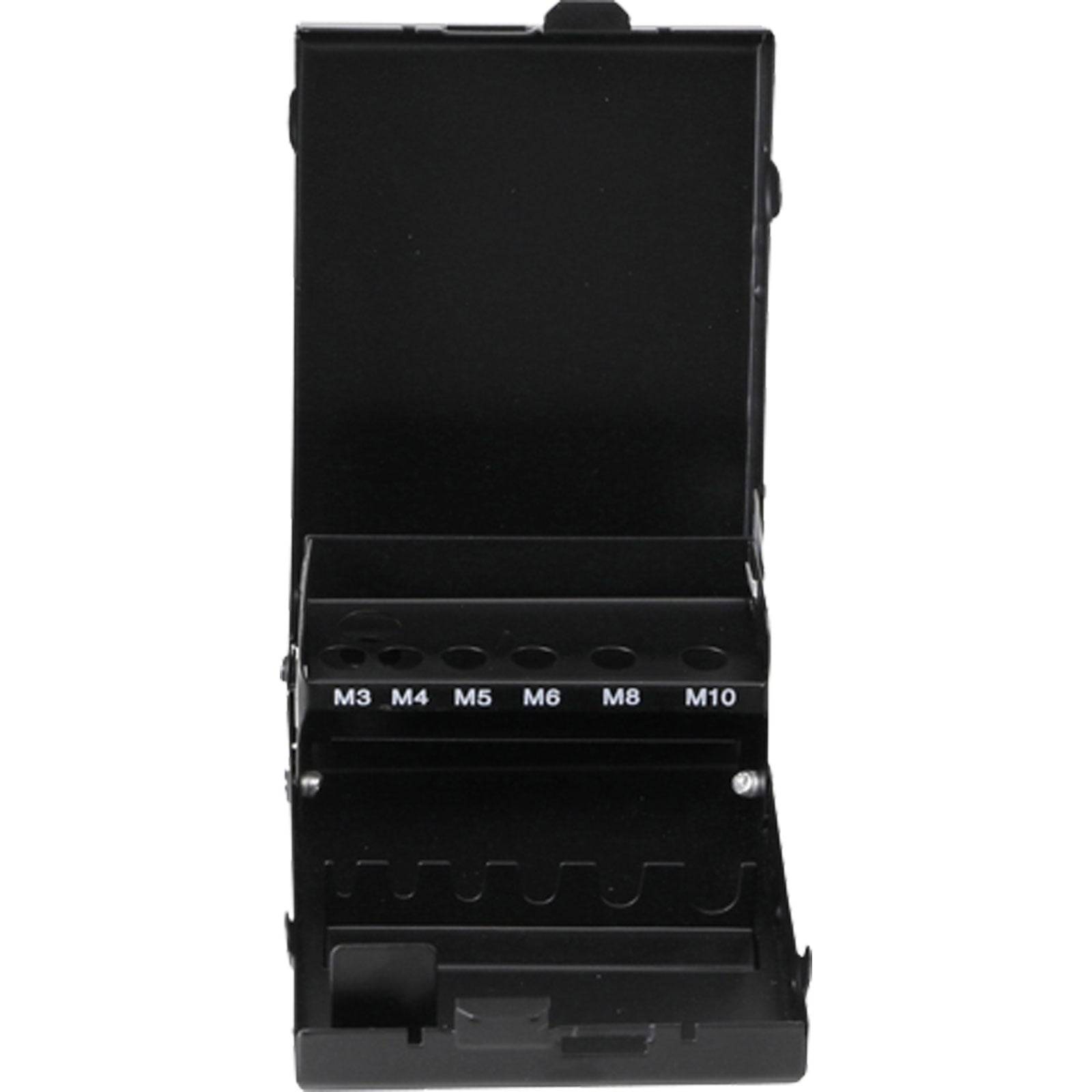 Ein schwarzer Werkzeugorganizer mit Fächern, auf denen die Größen „M3