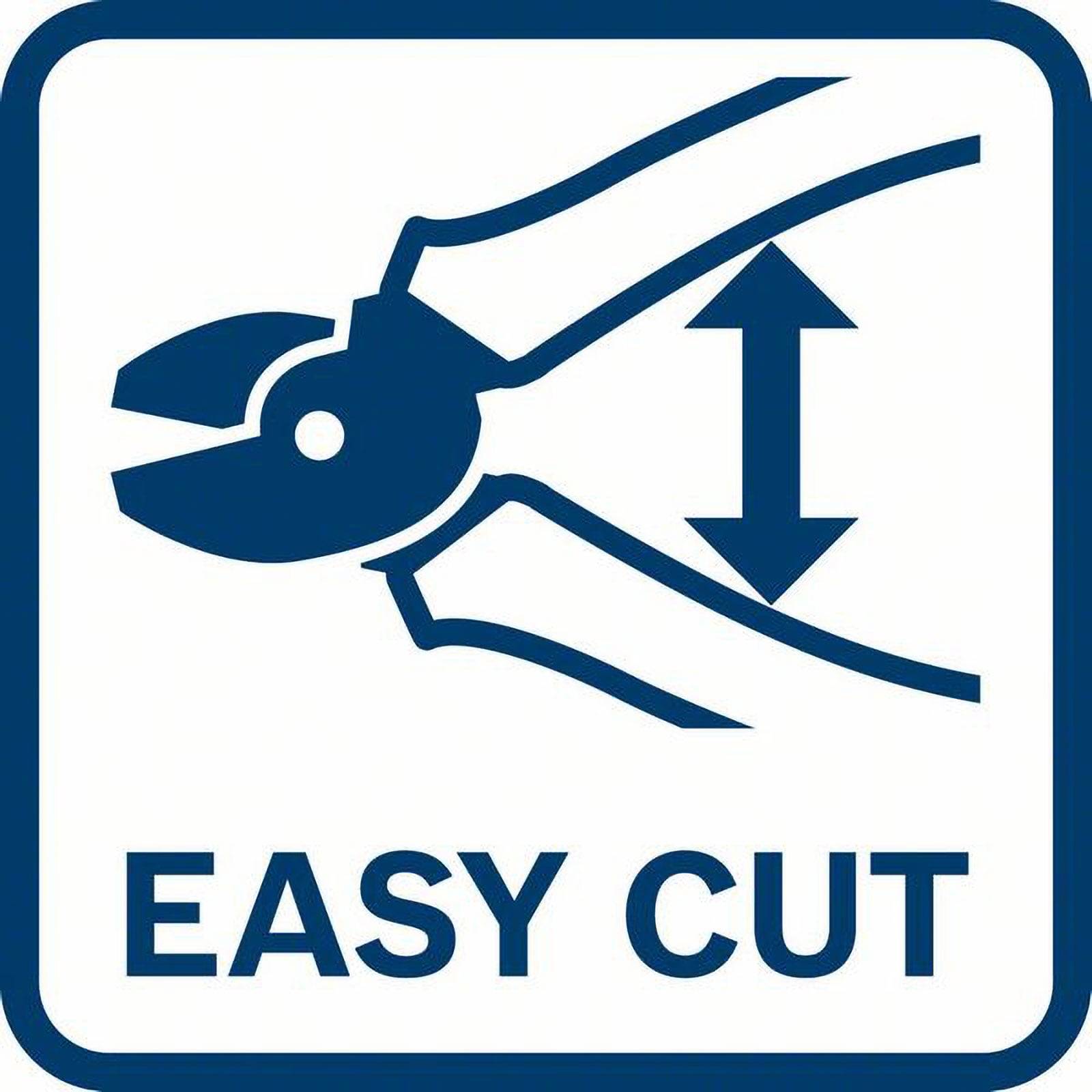 Ein Symbol einer Schere mit einem Pfeil, der eine Schnittbewegung andeutet, mit der Beschriftung ‚EASY CUT', was Einfachheit oder Benutzerfreundlichkeit suggeriert.