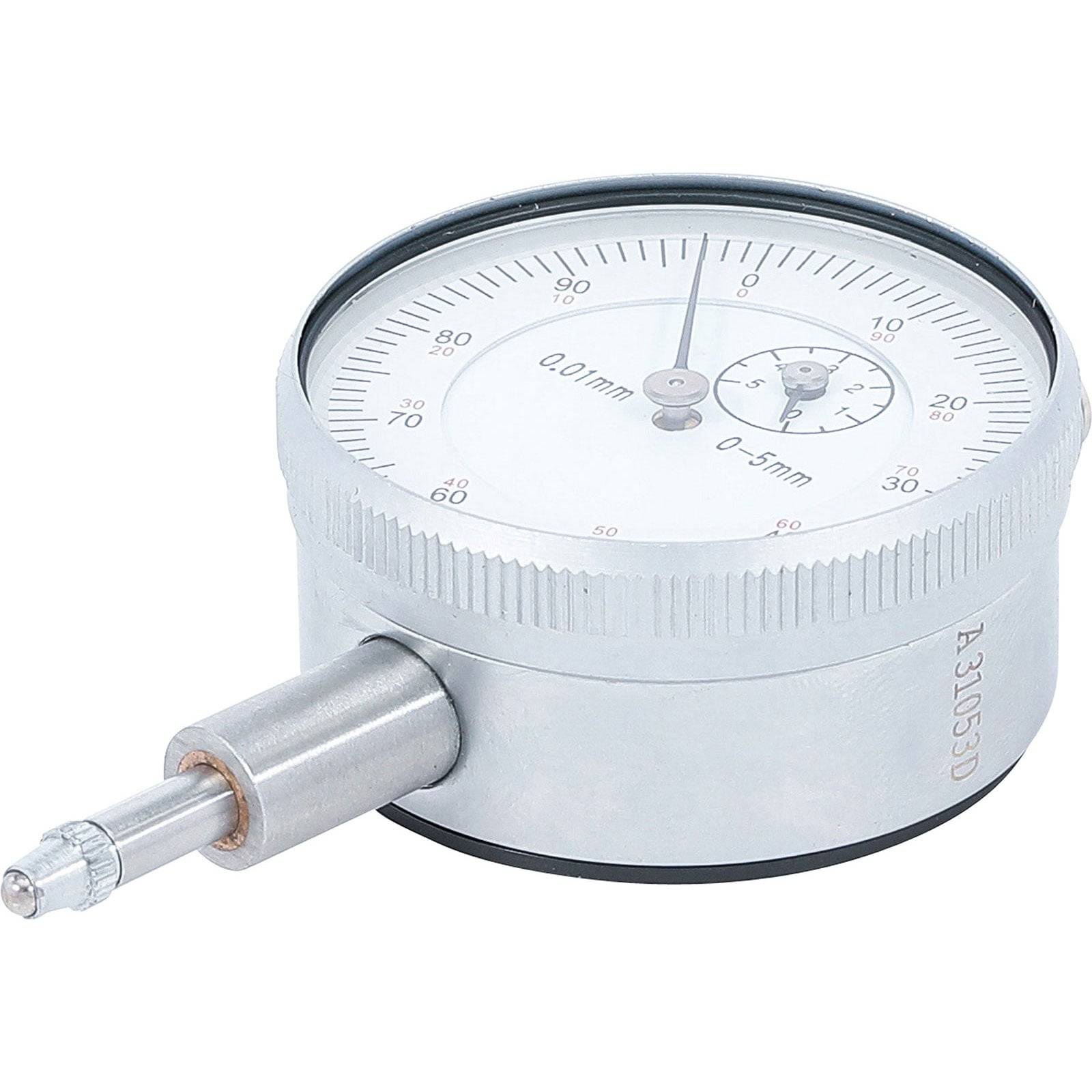 Ein Silberzifferblattmesser mit weißem Ziffernblatt, das Messungen von 0 bis 5 Millimetern anzeigt und für Präzisionsmessungen verwendet wird.