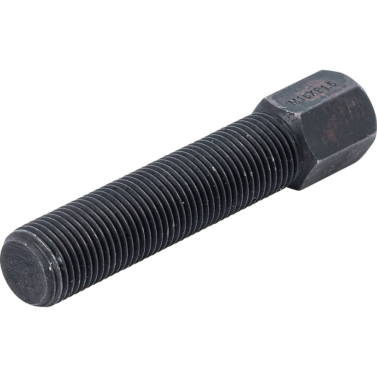 Eine einzelne sechskantige Schraube mit teilweise gewindeter Schaftlänge, metallisch grau, horizontal auf einem schlichten weißen Hintergrund liegend.