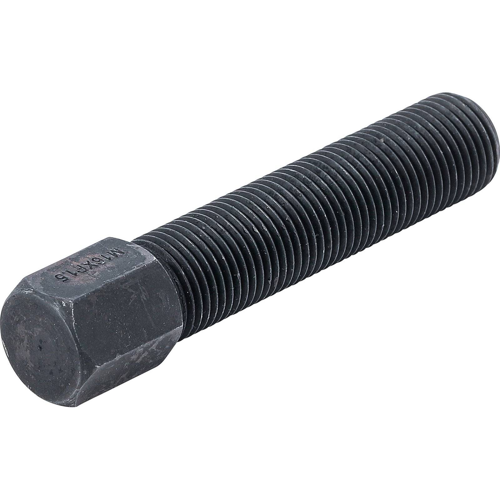 Eine Nahaufnahme eines schwarzen Sechskantbolzens auf weißem Hintergrund, die seinen geränderten Schaft und den sechseckigen Kopf an einem Ende zeigt.